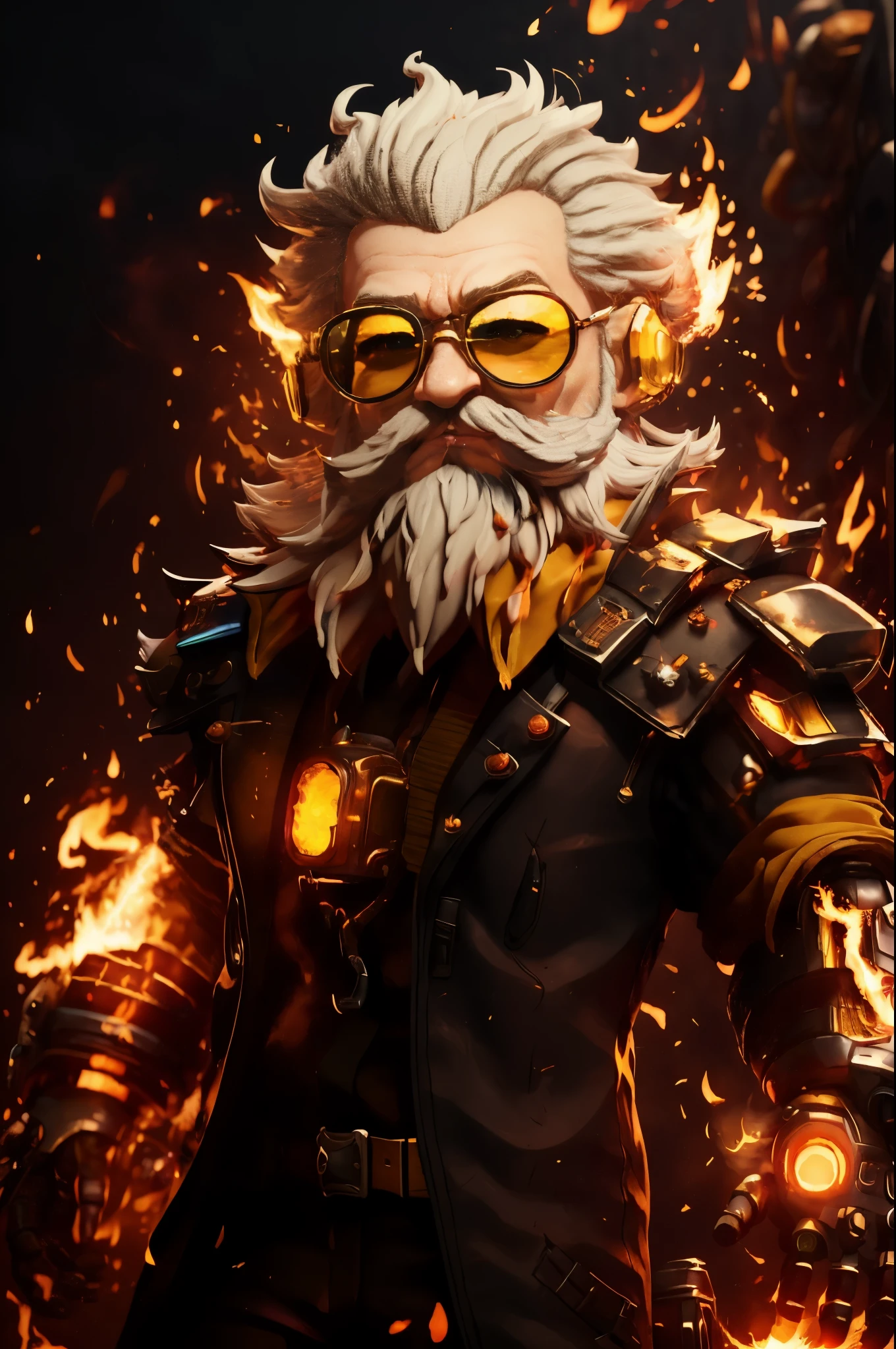 Big head,1 boy, ((White beard, A yellow-haired one))，on fire, explode, grow white beard, fiery hair, fiery的翅膀, fiery, Incendiary weapons, luminescent, male focus, molten rock, grow a beard，hot, Single robotic arm, alone, spark of light, sunglasses, Sunset, tail-tip fire, Torchbearer, upper body，chibi风格,masterpiece,best quality,official art,Extremely detailed CG unified 8k wallpaper,mysterious style,chibi