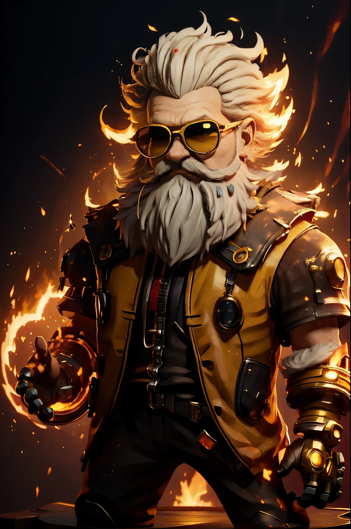 Big head,1 boy, ((White beard, A yellow-haired one))，on fire, explode, grow white beard, fiery hair, fiery的翅膀, fiery, Incendiary weapons, luminescent, male focus, molten rock, grow a beard，hot, Single robotic arm, alone, spark of light, sunglasses, Sunset, tail-tip fire, Torchbearer, upper body，chibi风格,masterpiece,best quality,official art,Extremely detailed CG unified 8k wallpaper,mysterious style,chibi