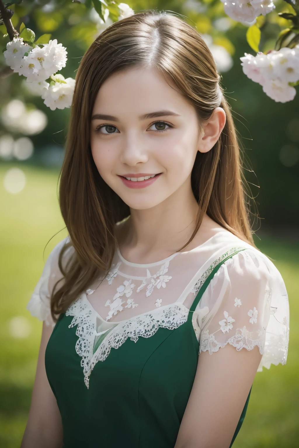 Masterpiece, Best quality, 8k, 18 ans, Photo brute, absurdes, Award-winning portrait, sourire, sourire, pure, french, elegant vibrant verdant green summer dress, spring, orchard in bloom, laces, famous singer, cute, fit, healthy, lovely, princess, gorgeous