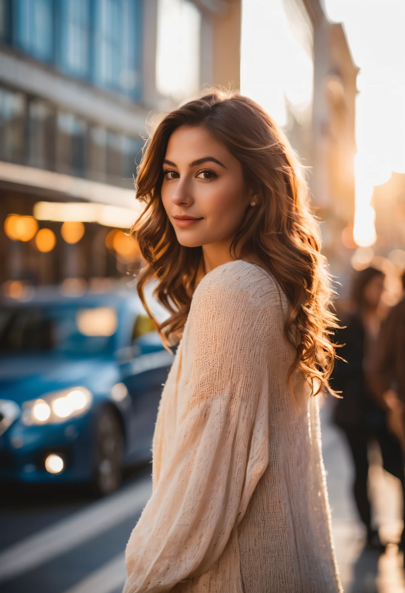 Portrait of an italian young woman in the heart of the bustling city during the golden hour using a DSLR with an 85mm prime lens, aiming for a dreamy and peaceful mood in a close-up shot with f/1.8 aperture, 1/320 sec shutter speed, and ISO 100 from a normal angle and eye line. Her long, wavy chestnut hair cascades down her back, framing her elegant features. Expressive brown eyes gazing directly at the viewer.  Her rosy lips are smiling.