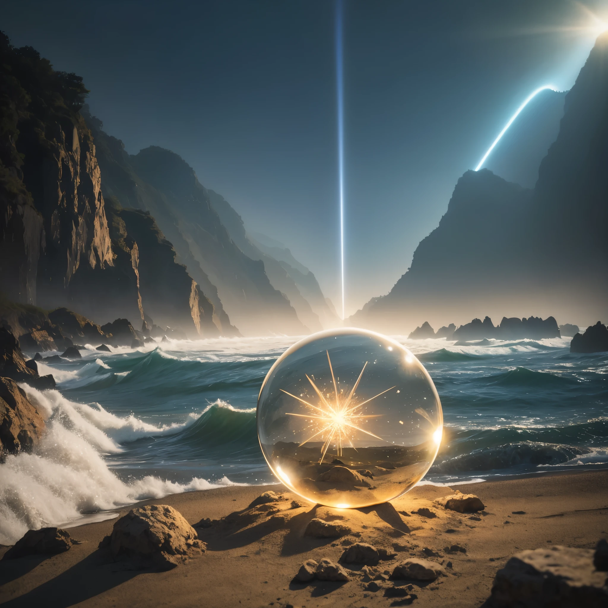 (tyndall effect through a crystal sphere:glowing spectral light:1.3),(ultra wide angle),beach,flower,majestic,masterpiece,intricate details