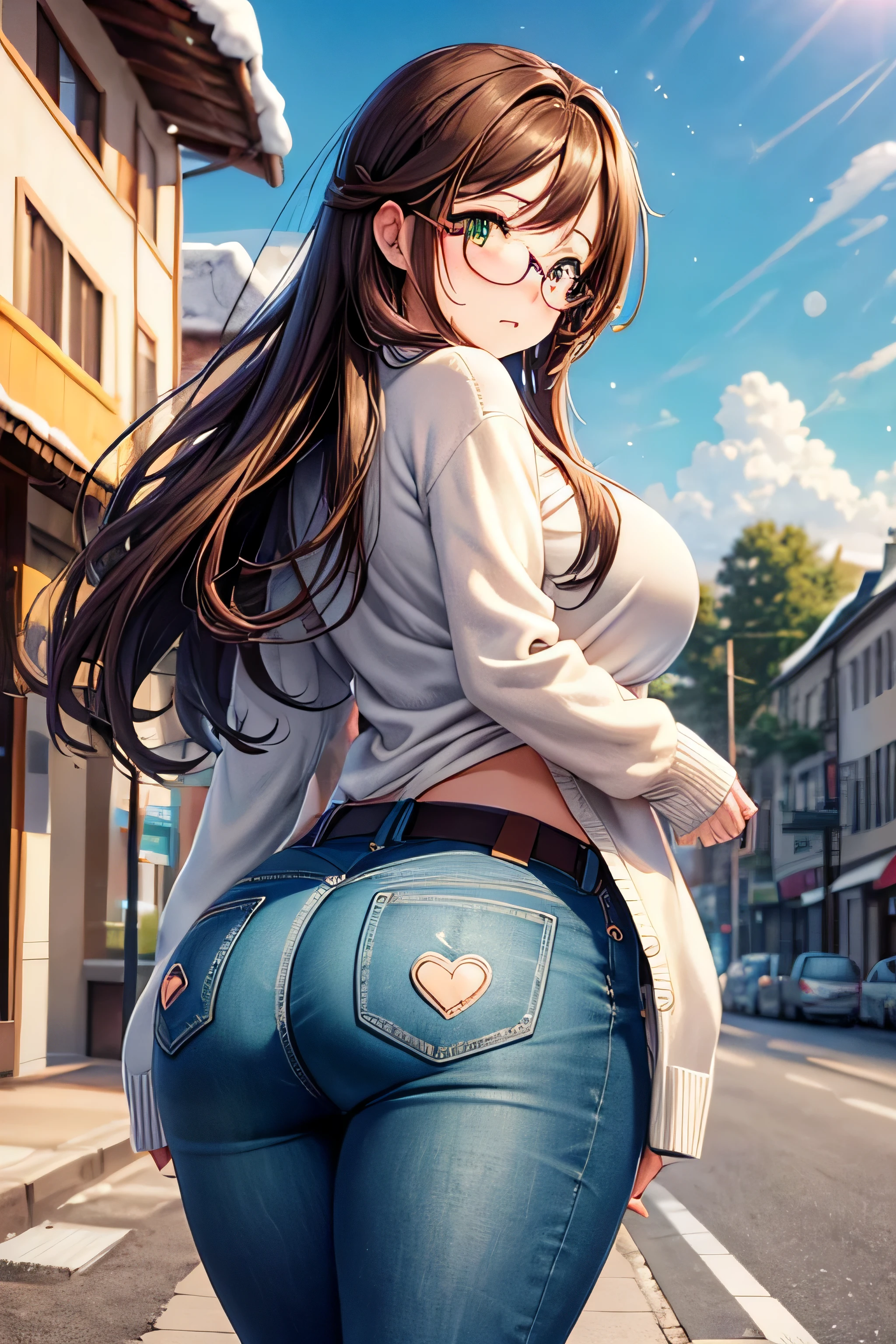 High resolution, high quality, 1 girl, anime girl, brown long hair, brown eyes,heart-shaped pupil, green glasses, tanned skin, big breasts,beautiful breasts, (big ass),beautiful butt,Aqua Cardigan,jeans,Are standing,on the road,snow Road,