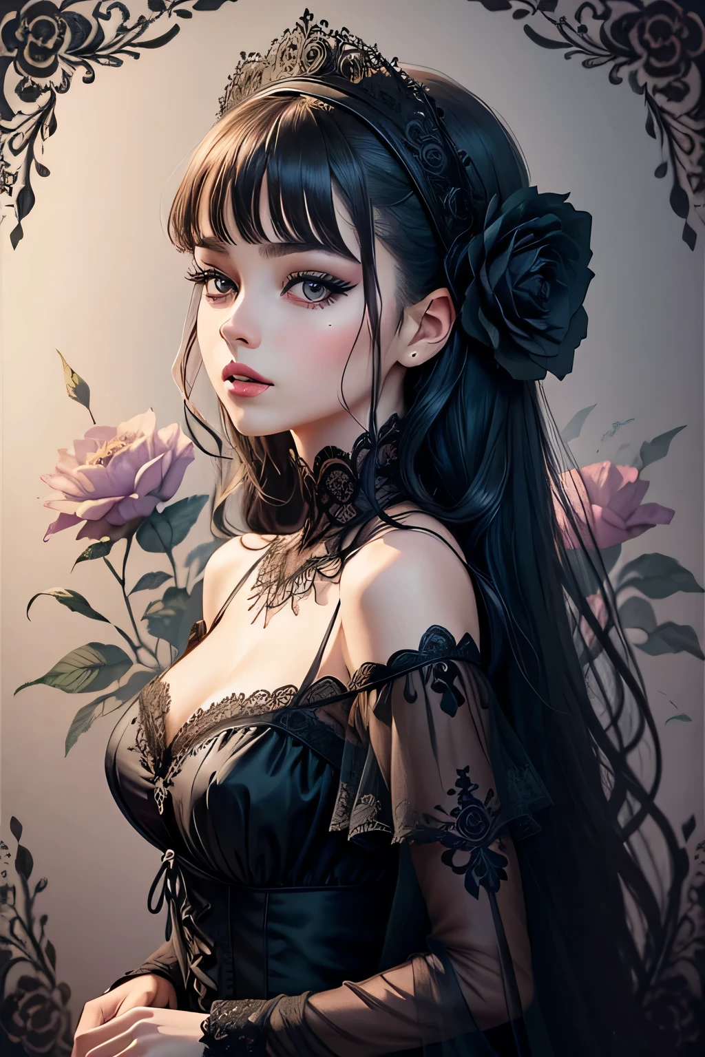 Gothic. Mulher, Jovem e Bonita, lindo vestido preto de renda, filigrana de prata, chiffon, tule, fios de prata, beautiful full black lips, desenho dos olhos, olhos de smoking, long fluffy eyelashes, aquarela, flores, fotorrealismo, Bohemian, Imagem Delicada, desenho de linha, hiper-detalhamento, aesthetics, 4k, ISO 100, pixel graphics, soft lighting, floral aesthetics, mosaic illustration , cinematographic filmmaker style