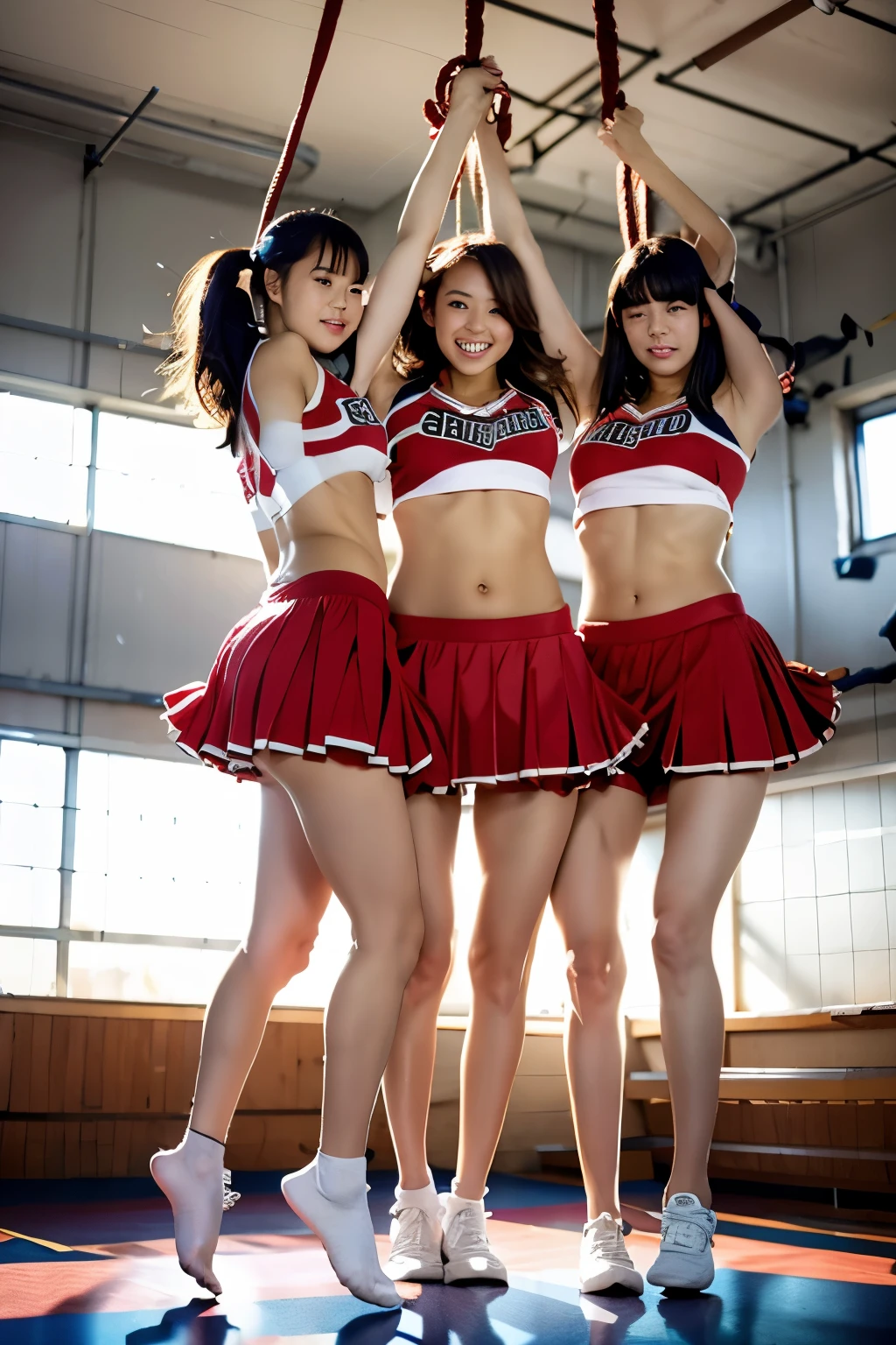 Cheerleader surround by rope and hanging with leg above head  