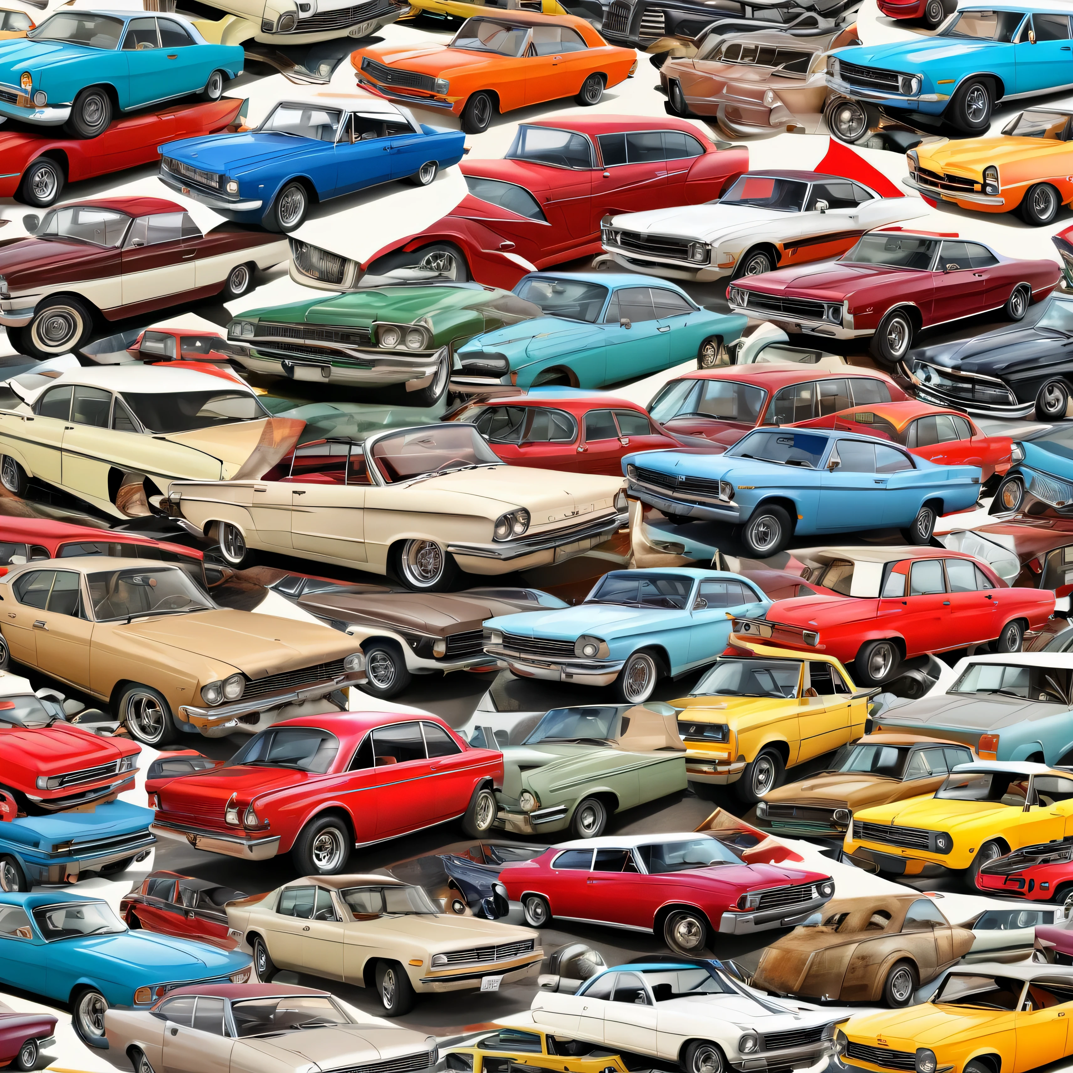 create a collage of old cars, pictures, realistic, master piece, high detail, no letters, no humans, wallpaper, pattern.