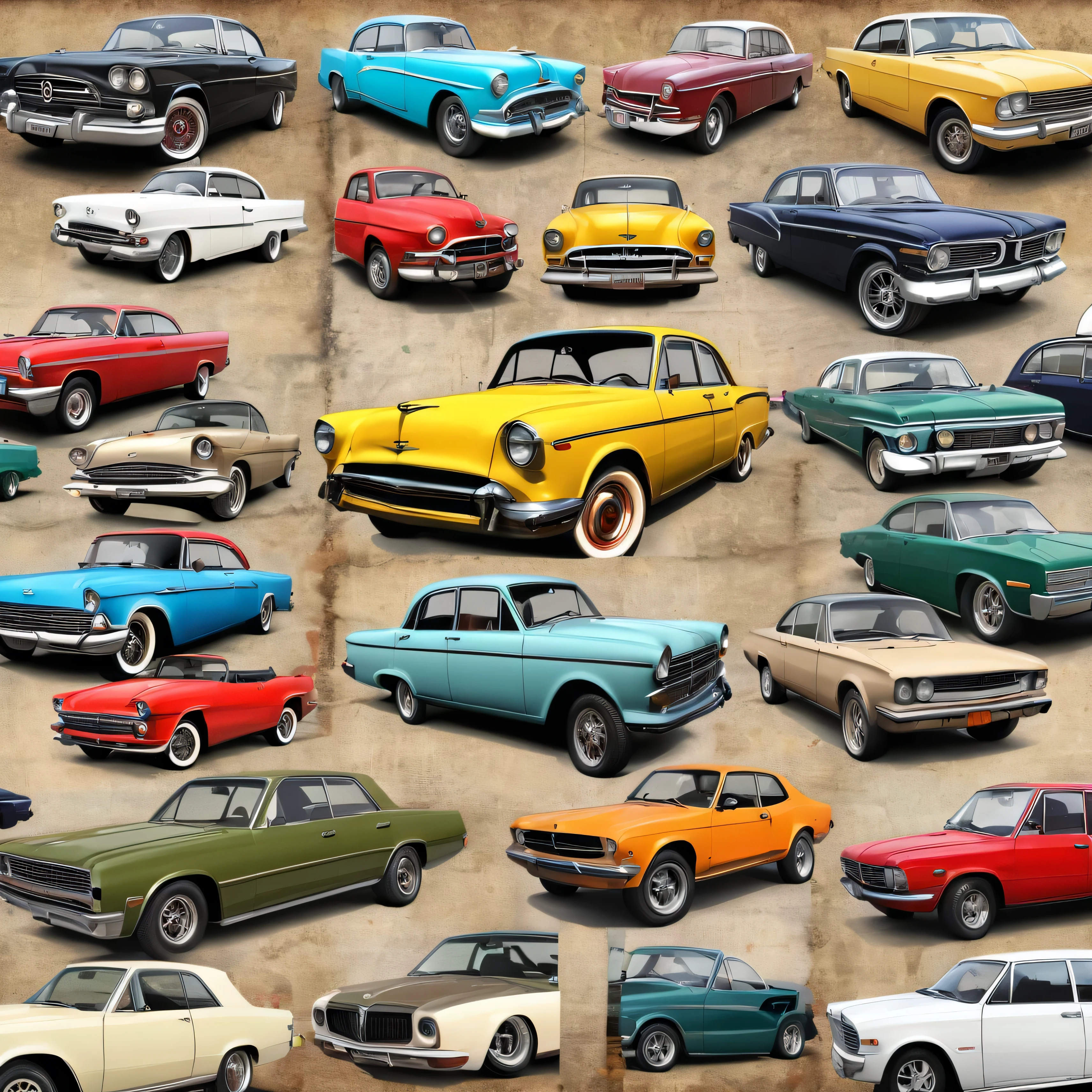 create a collage of old cars, pictures, realistic, master piece, high detail, no letters, no humans, wallpaper, pattern.