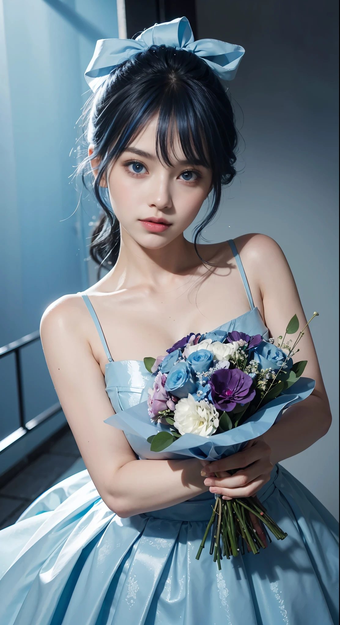 (and soul)(secondary elements)1 girl、blue hair、hair length、blue eyes、gradient eyes、sparkling eyes、bright eyes、finely tuned、expressive eyes、blue clothes、gem、Blue lighting、blue theme、(shape:1.5)、abstract、highest quality、Super detailed、(((holding a bouquet)))、