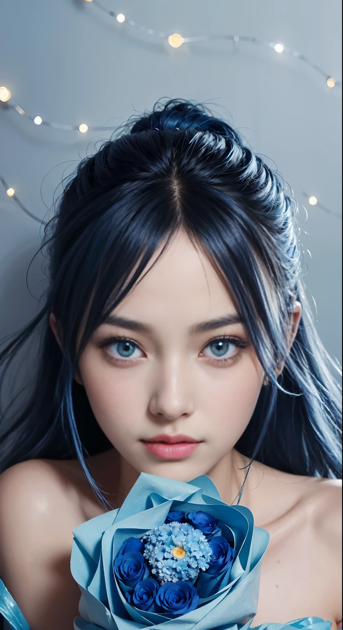 (and soul)(secondary elements)1 girl、blue hair、hair length、blue eyes、gradient eyes、sparkling eyes、bright eyes、finely tuned、expressive eyes、blue clothes、gem、Blue lighting、blue theme、(shape:1.5)、abstract、highest quality、Super detailed、(((holding a bouquet)))、
