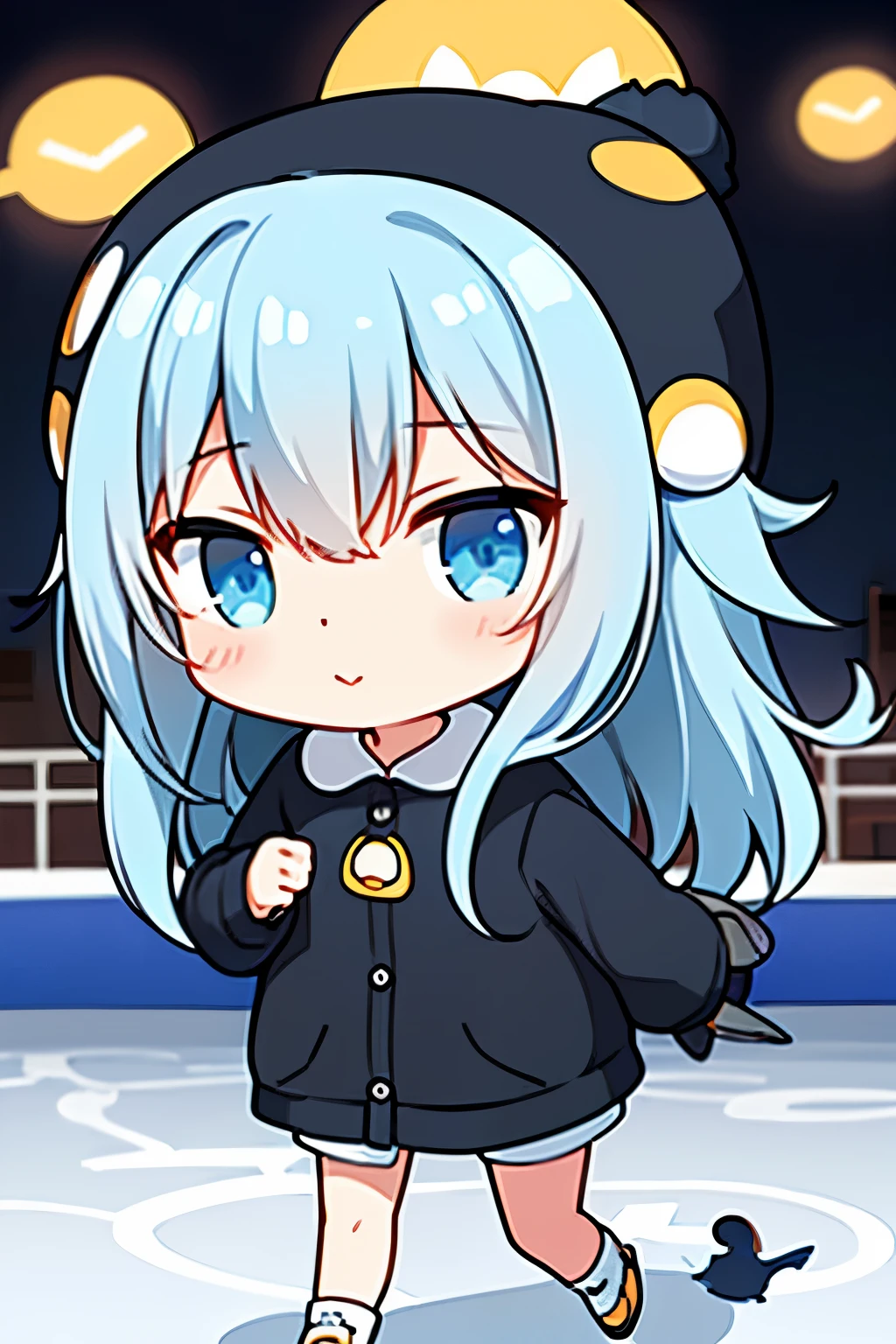 （In 8K, best quality, muste piece:1.2)、ultra high resolution,(((Penguin))), girl,(chibi:1.5)gray hair,cute eyes,light blue eyes,long hair、detailed hand fingers,walking、Cinematic Lighting,(ice skating rink)