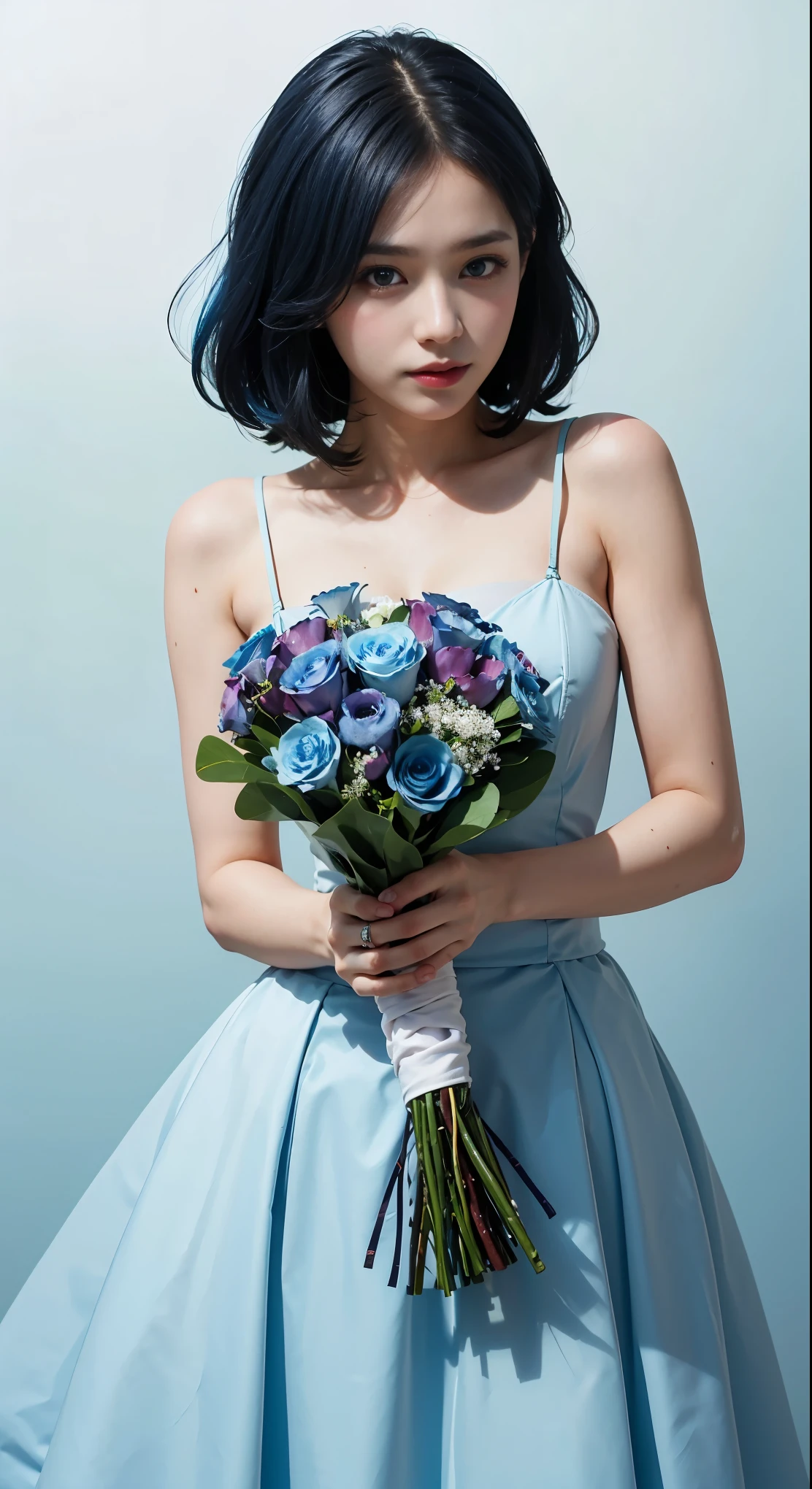 (and soul)(secondary elements)1 girl、blue hair、hair length、blue eyes、gradient eyes、sparkling eyes、bright eyes、finely tuned、expressive eyes、blue clothes、gem、Blue lighting、blue theme、(shape:1.5)、abstract、highest quality、Super detailed、(((holding a bouquet)))、