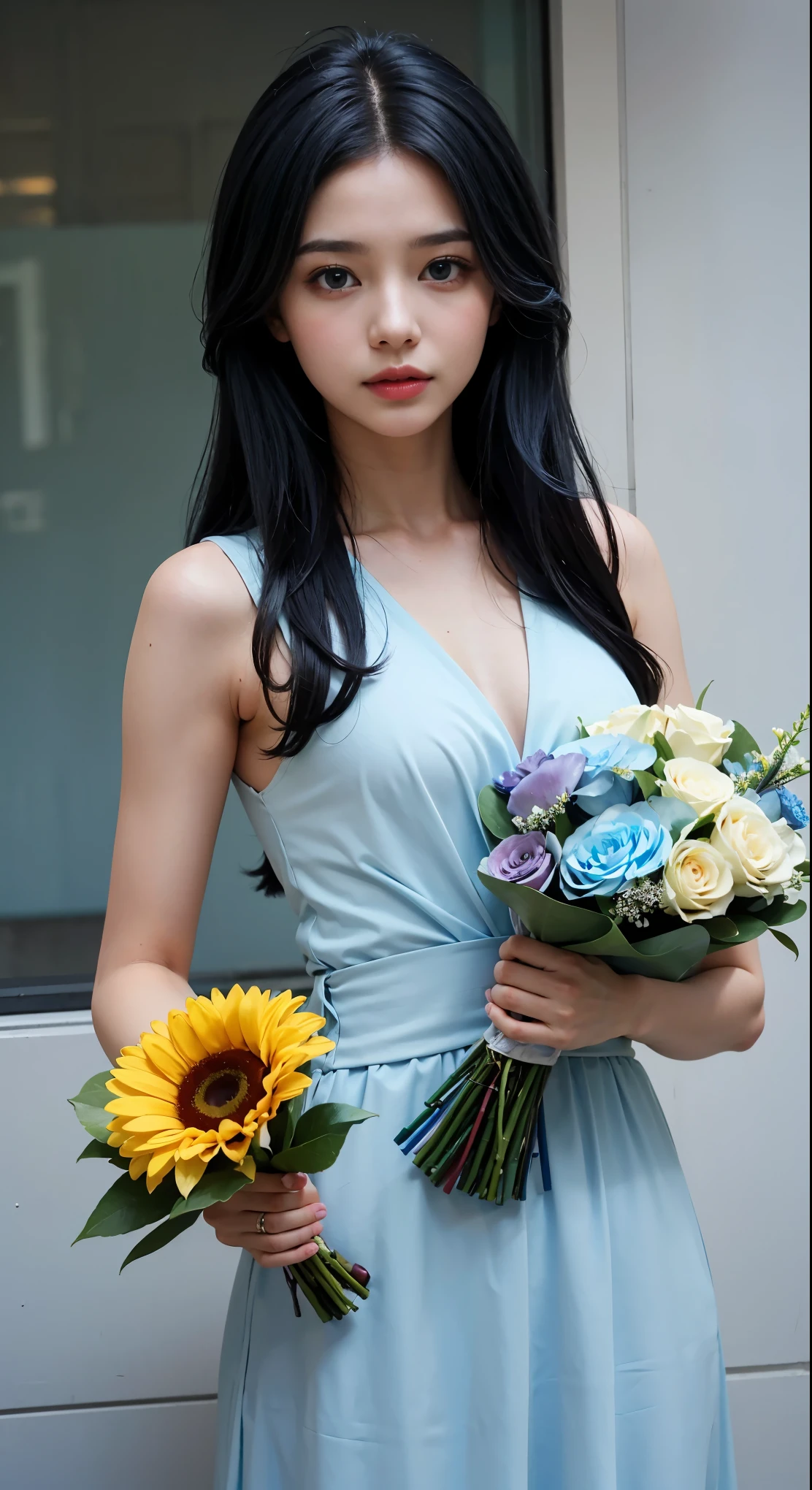 (and soul)(secondary elements)1 girl、blue hair、hair length、blue eyes、gradient eyes、sparkling eyes、bright eyes、finely tuned、expressive eyes、blue clothes、gem、Blue lighting、blue theme、(shape:1.5)、abstract、highest quality、Super detailed、(((holding a bouquet)))、