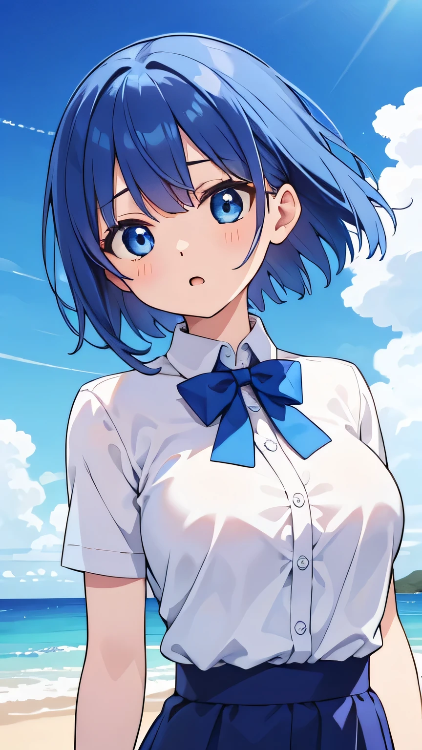 masterpiece, highest quality, alone, ,
short hair, blue hair, straight hair, blue eyes, white shirt, open your mouth, bow tie, big breasts, gap between buttons, empty eyes,
blue sky, Wind,