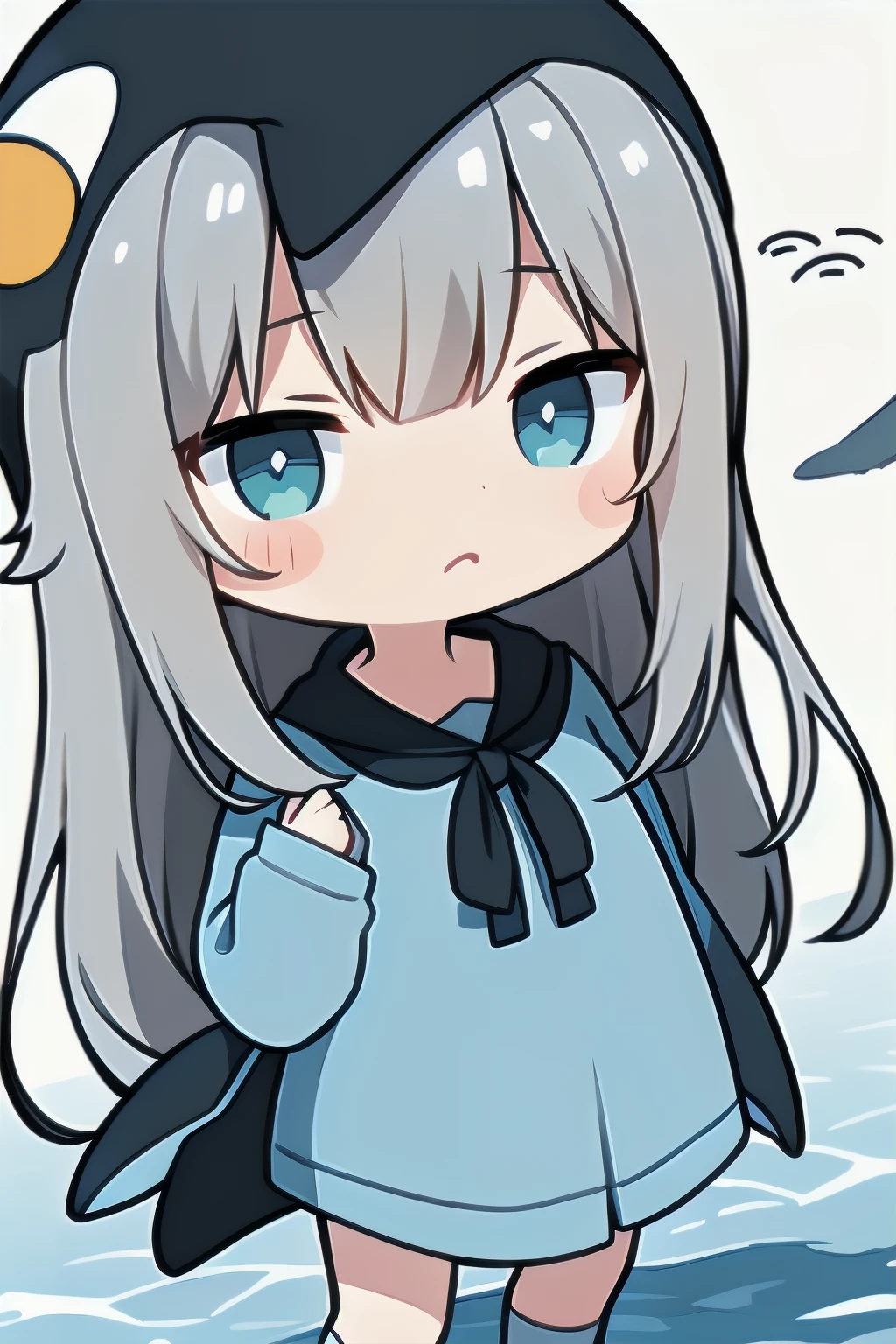 （In 8K, best quality, muste piece:1.2)、ultra high resolution,(((Penguin))), girl,(chibi:1.5)gray hair,cute eyes,light blue eyes,long hair、detailed hand fingers,walking、Cinematic Lighting,(Frozen Lake)