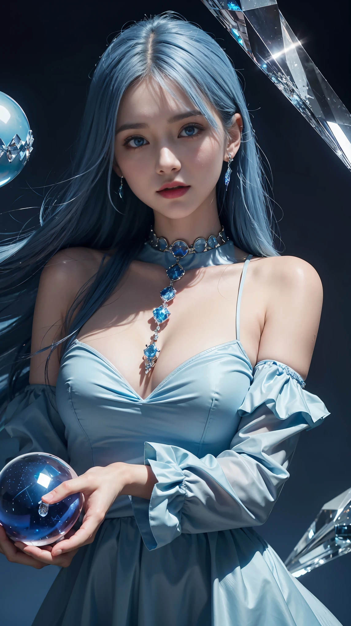 (and soul)、(secondary mysterious、Pisces、1 girl、blue hair、hair length、((French Twist))、blue eyes、gradient eyes、sparkling eyes、bright eyes、finely tuned、expressive eyes、blue clothes、gem、blue lighting、blue theme、(shape:1.5)、abstract、highest quality、Super detailed、(((Holding a mysterious crystal ball)))、