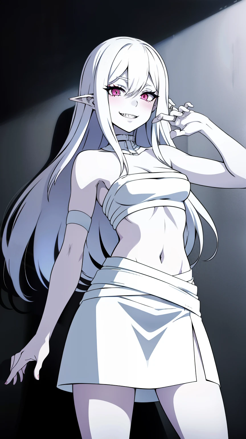 1 girl,20s,long hair,solo,white hair,long hair,((hair over one eye)),(((white skin,pale skin,colored skin,))),((naked bandage,white skirt)),elf ear,sharp teeth,((blush,grin,smile,sexy)),closed mouth,pink eyes,(white background)