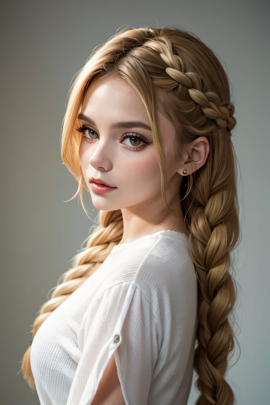 1 mulher, ((fundo em branco)), cores vibrantes, Portrait of head and shoulders, longo_cabelo, cabelo loiro, single braid, Pale, faixa, vermelho brilhante, guerreiro, grande testa