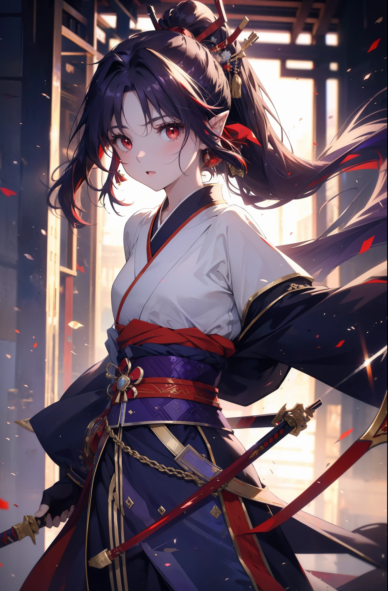 Beautiful female samurai of the Warring States period、Woman with semi-long hair、Samurai's Idetouch、Samurai Pose、Big sword、、The appearance of the samurai、Computer Graphics Art、。.。.。.。.。.。.。.。.。.。.。.。.3D、hight resolution、top-quality、The upper part of the body、8K Character Concept、32K、pixiv、illustratio、 ultra-detailliert、hyperdetailed face、Megapixel、 Ultra High Definition HDR、Clair、Overdecoration
