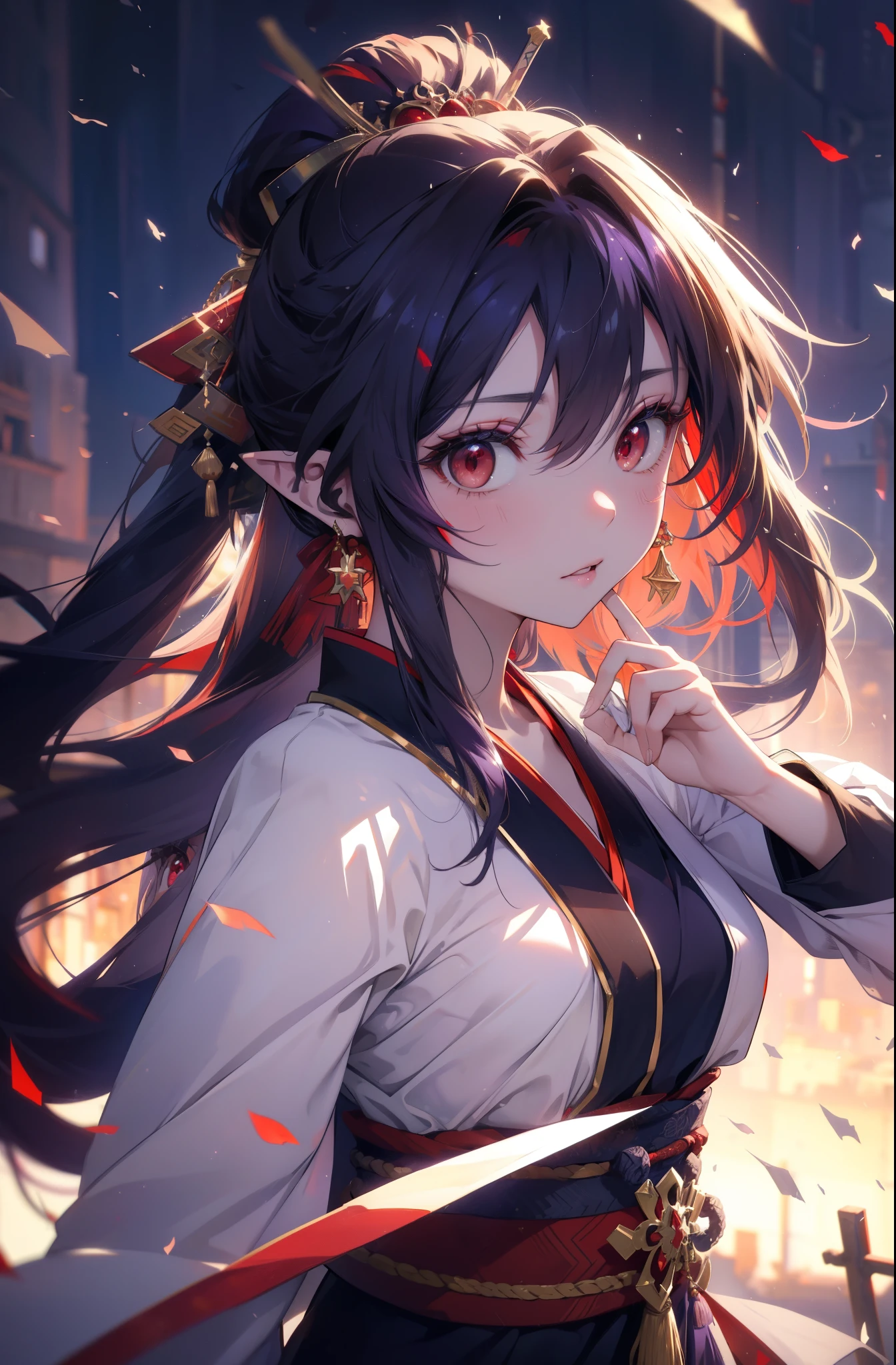 yuukikonno, Yuki Konno, hair band, long hair, pointy ears,ponytail, purple hair, (red eyes:1.5), (small breasts:1.2), open your mouth,red kimono,Purple too,white foot bag,grass sandals,Japan sword 1:1 Hold the grip in your hand,
break looking at viewer, Upper body, whole body,
break outdoors, medieval europe cityscape,
break (masterpiece:1.2), highest quality, High resolution, unity 8k wallpaper, (shape:0.8), (fine and beautiful eyes:1.6), highly detailed face, perfect lighting, Very detailed CG, (perfect hands, perfect anatomy),
