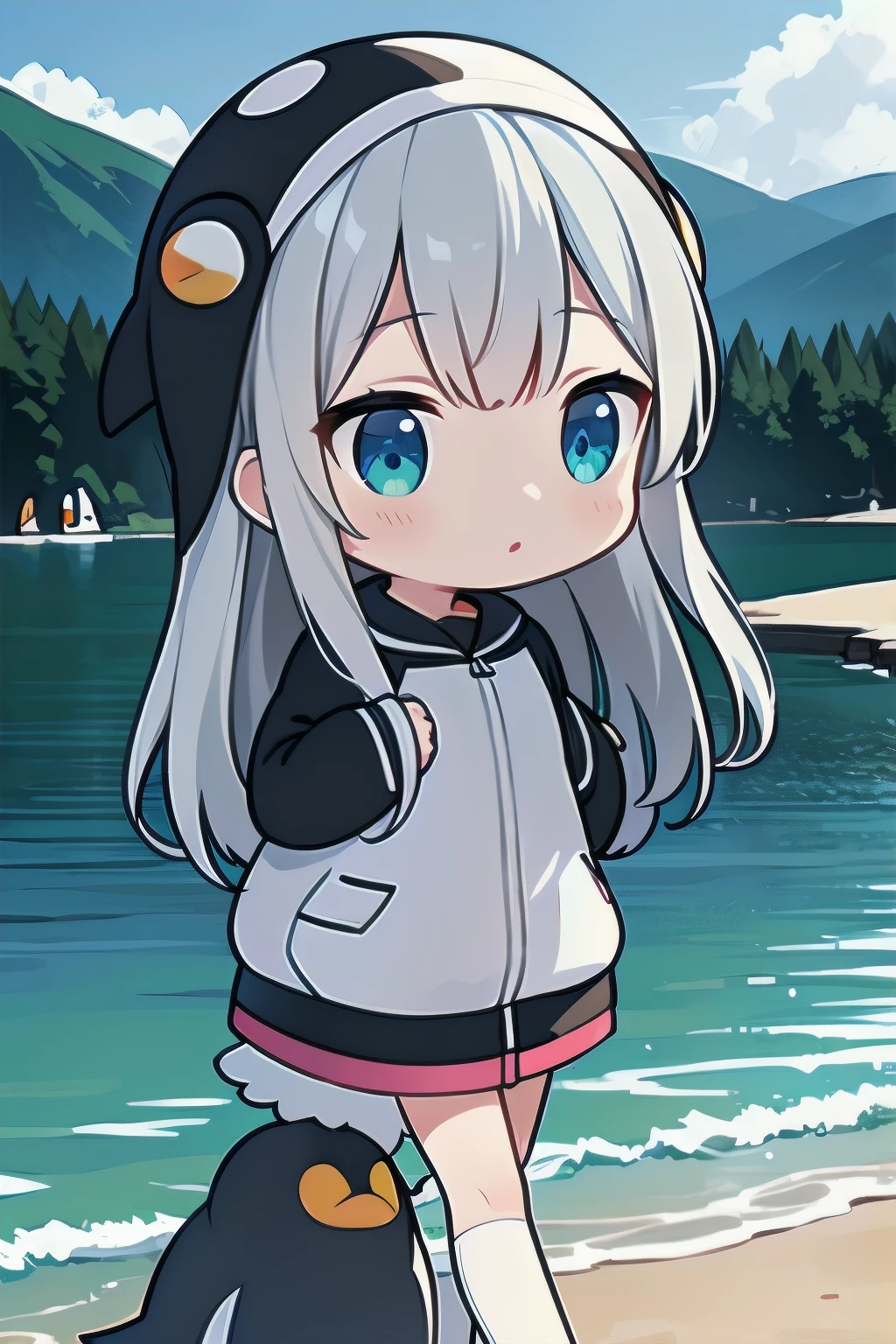 (In 8K, best quality, muste piece:1.2)、ultra high resolution,(((Penguin))), girl,(chibi:1.5)gray hair,cute eyes,light blue eyes,long hair、detailed hand fingers,walking、Cinematic Lighting,(Frozen Lake)