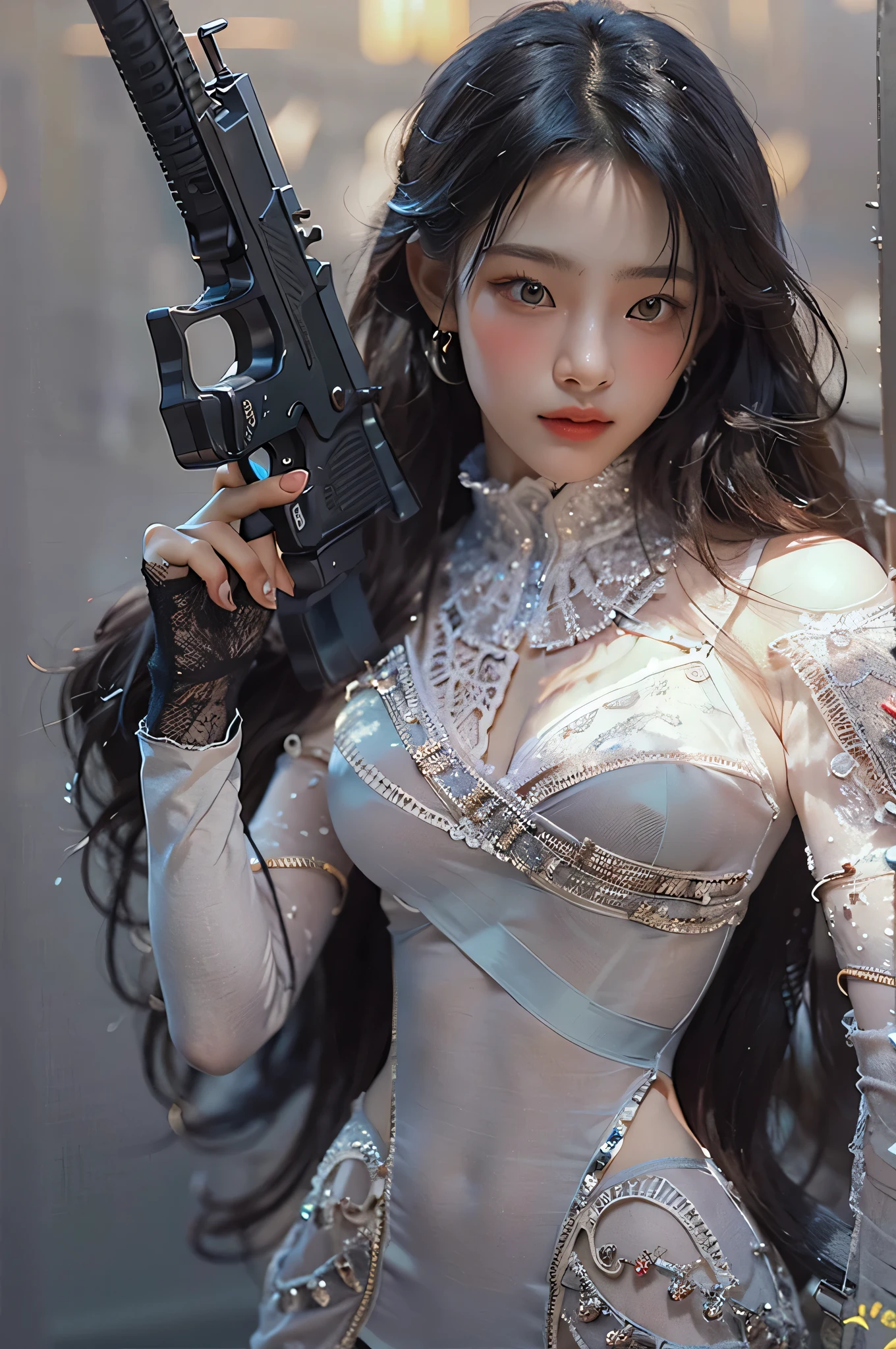 (highest image quality), (masterpiece), (vibrant, photography realistic, Realistic, Dramatic, Dark, Sharp focus, 8K), beautiful, Highly detailed face and skin texture, sexy wedding dress, ethereal beauty, mature asian woman,black long hair, make up, nsfw ,Close up shot, ((backlight)), holding the gun, secret agent, sniper agent