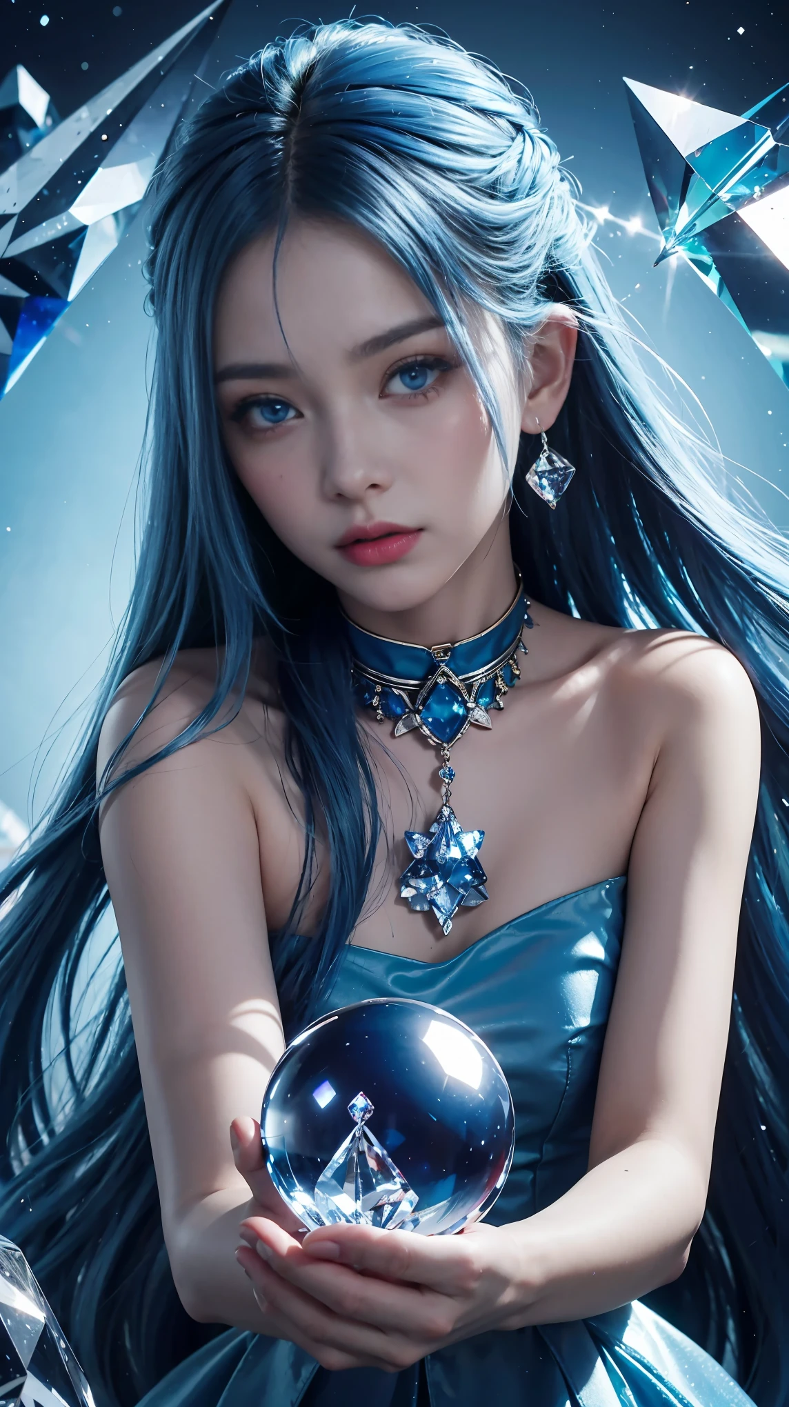 （and soul）（secondary elements）1 girl、((blue hair))、hair length、(blue eyes)、(gradient eyes)、sparkling eyes、bright eyes、finely tuned、expressive eyes、blue clothes、gem、Blue lighting、blue theme、（shape：1.5）、abstract、highest quality、Super detailed、(((Holding a crystal ball)))、