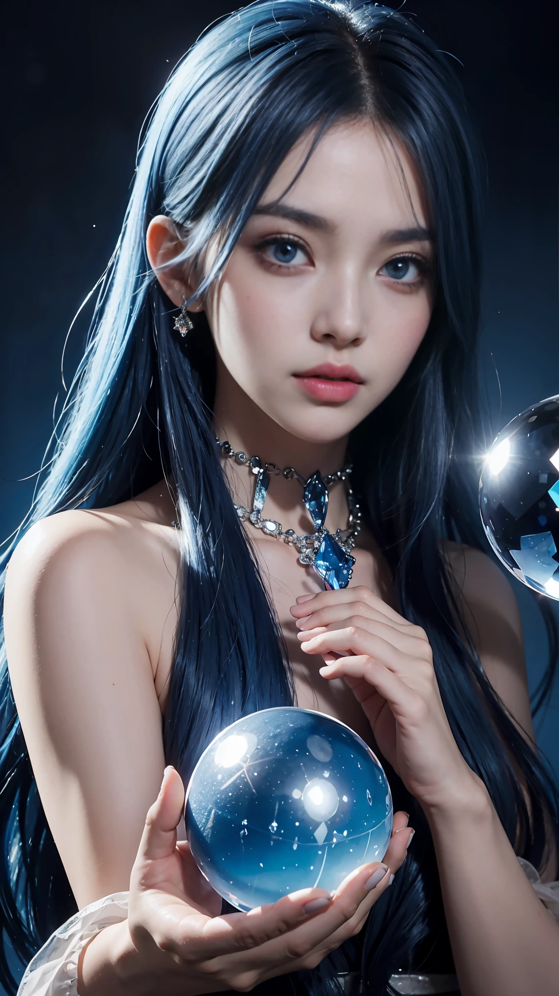 （and soul）（secondary elements）1 girl、((blue hair))、hair length、(blue eyes)、(gradient eyes)、sparkling eyes、bright eyes、finely tuned、expressive eyes、blue clothes、gem、Blue lighting、blue theme、（shape：1.5）、abstract、highest quality、Super detailed、(((Holding a crystal ball)))、(random pose)、Beautiful worldview、((Photos that captivate everyone who sees them))、