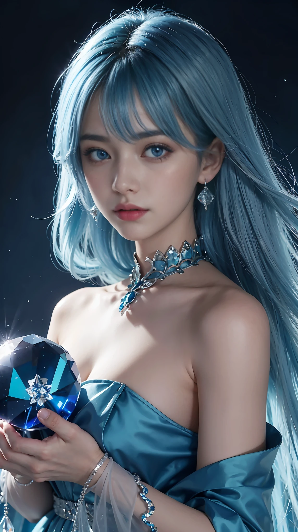 (and soul)(secondary elements)1 girl、((blue hair))、hair length、(blue eyes)、(gradient eyes)、sparkling eyes、bright eyes、finely tuned、expressive eyes、blue clothes、gem、Blue lighting、blue theme、(shape:1.5)、abstract、highest quality、Super detailed、(((Holding a crystal ball)))、