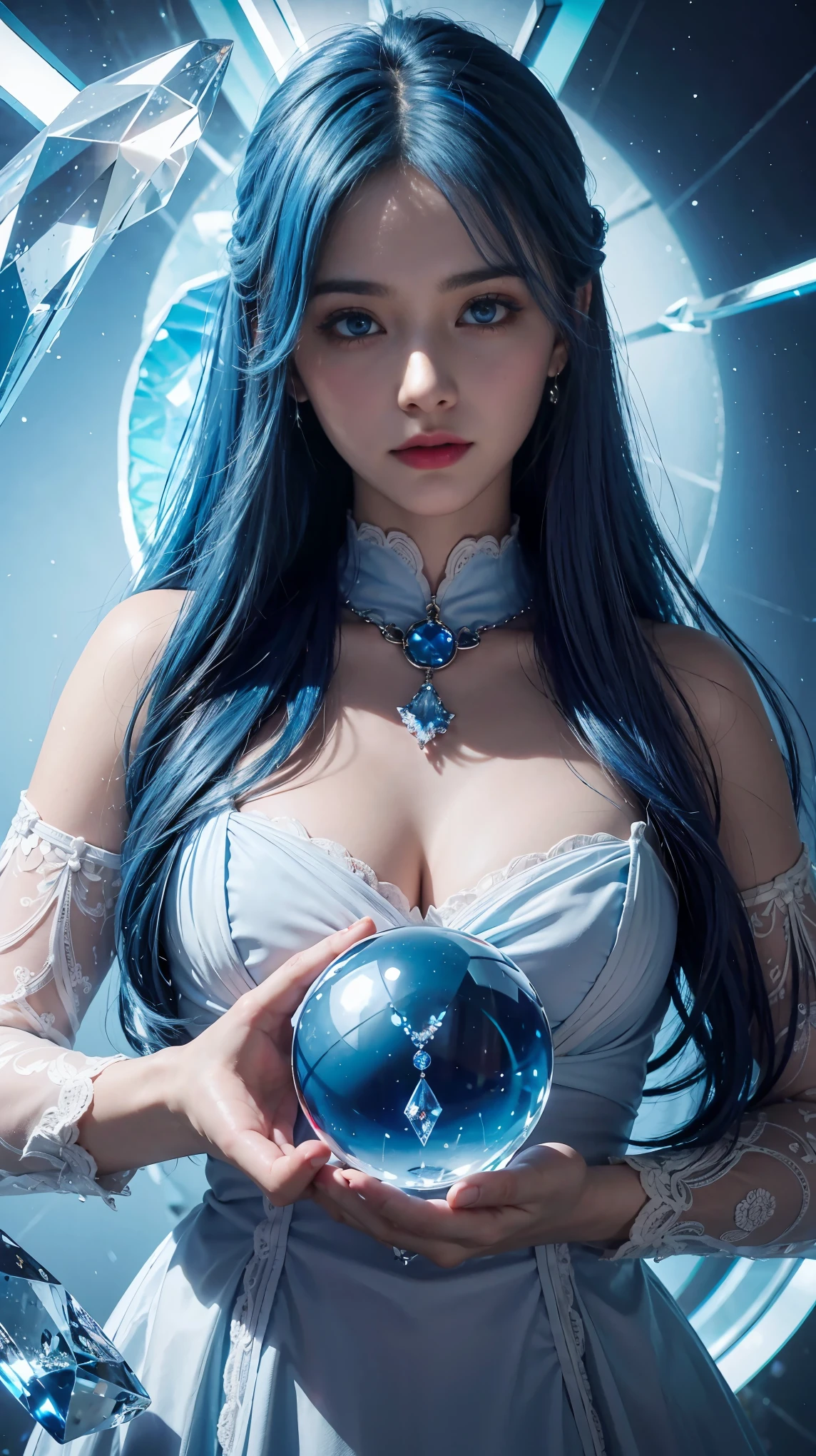 （and soul）（secondary elements）1 girl、((blue hair))、hair length、(blue eyes)、(gradient eyes)、sparkling eyes、bright eyes、finely tuned、expressive eyes、blue clothes、gem、Blue lighting、blue theme、（shape：1.5）、abstract、highest quality、Super detailed、(((Holding a crystal ball)))、