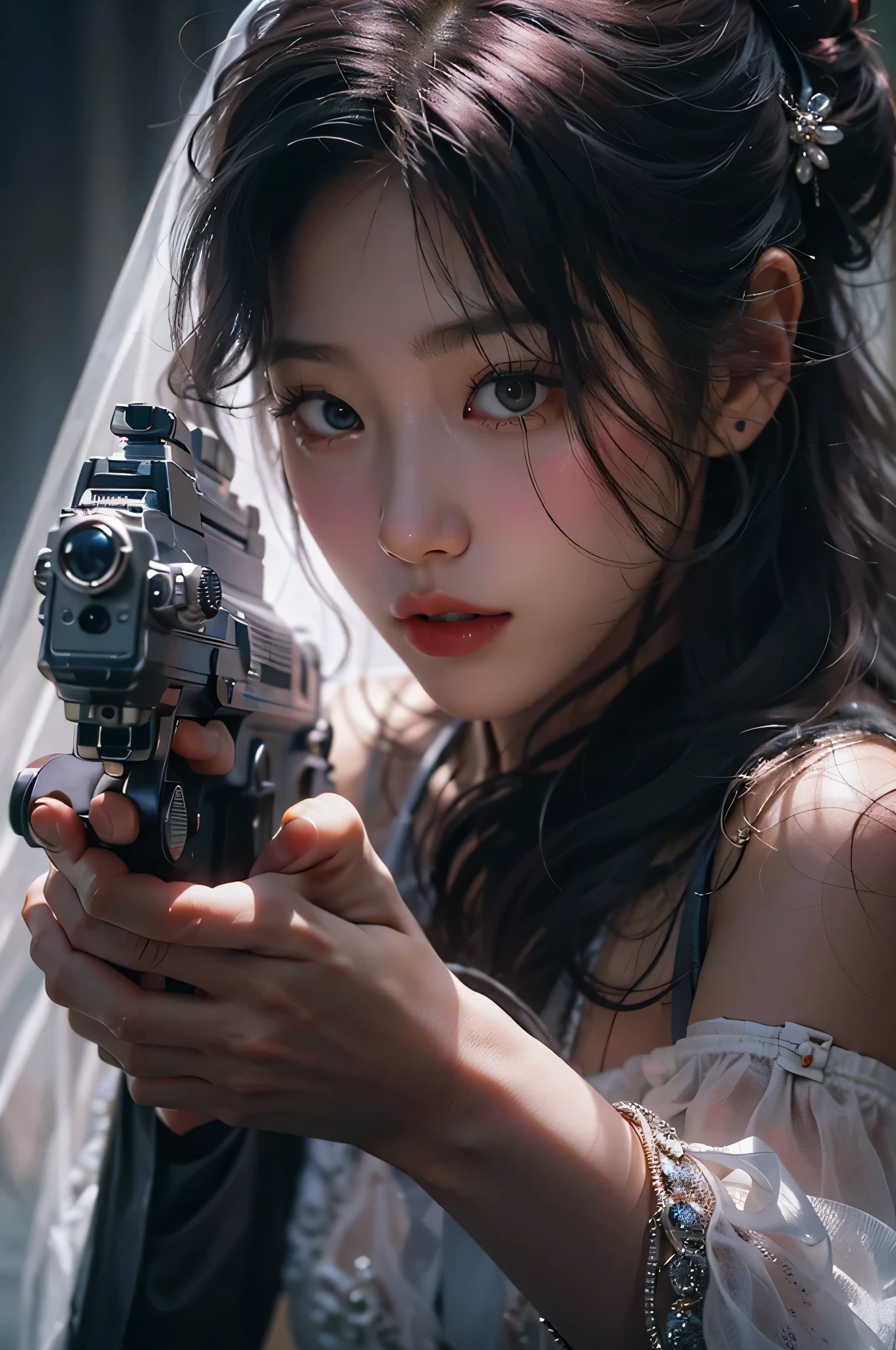 (highest image quality), (masterpiece), (vibrant, photography realistic, Realistic, Dramatic, Dark, Sharp focus, 8K), beautiful, Highly detailed face and skin texture, sexy wedding dress, ethereal beauty, mature asian woman,black long hair, make up, nsfw ,Close up shot, ((backlight)), holding the gun, secret agent, sniper agent