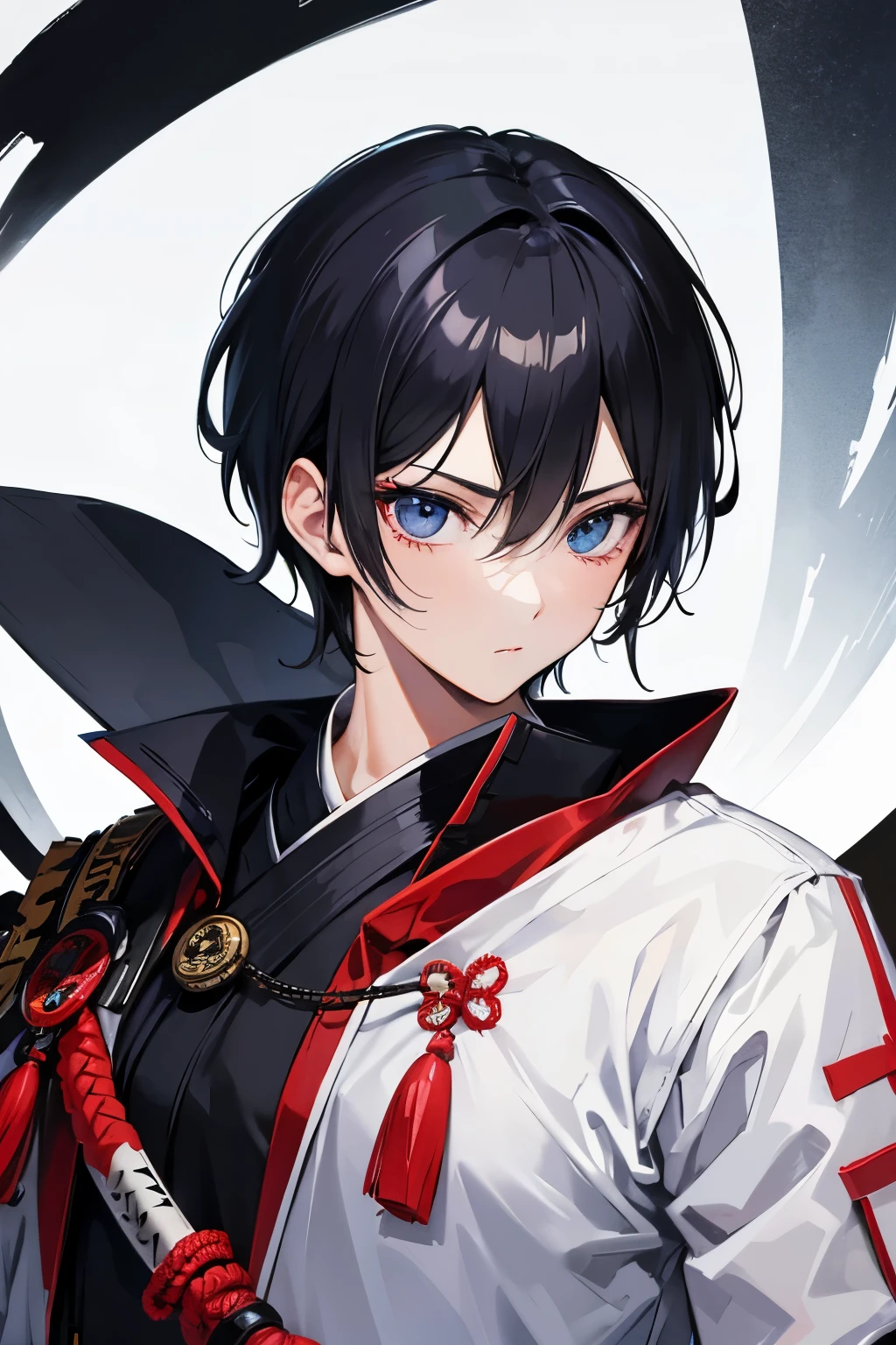 male black hair blue eyes very short hair one person Japanese sword uniform samurai walk around town spring masterpiece Highest image quality noise removal clear parts cinematic shadow Increases the attractiveness of the eyes clear parts the shine of the eyes draw eyelashes neatly perfect eyes detailed eyes sharpen image quality sharpen eye writing clear parts eye shape