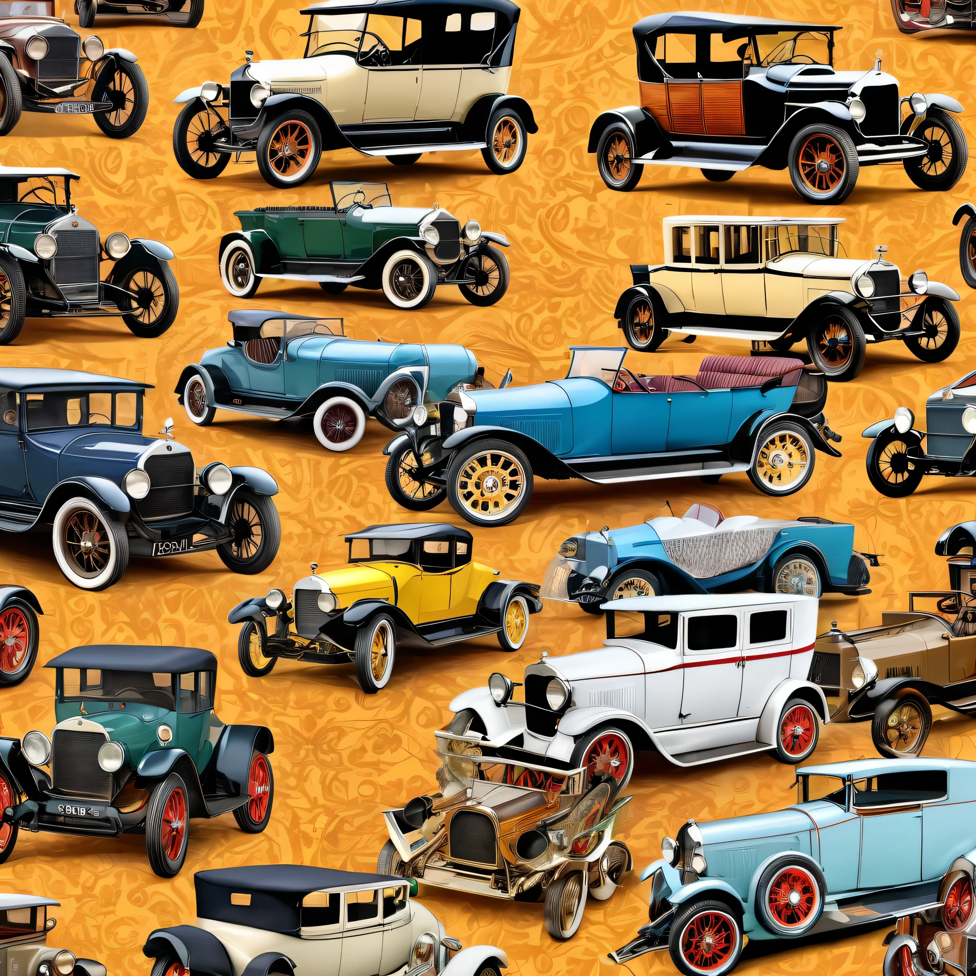 create a collage of 1920 cars, pictures, realistic, master piece, high detail, no letters, no humans, wallpaper, pattern.