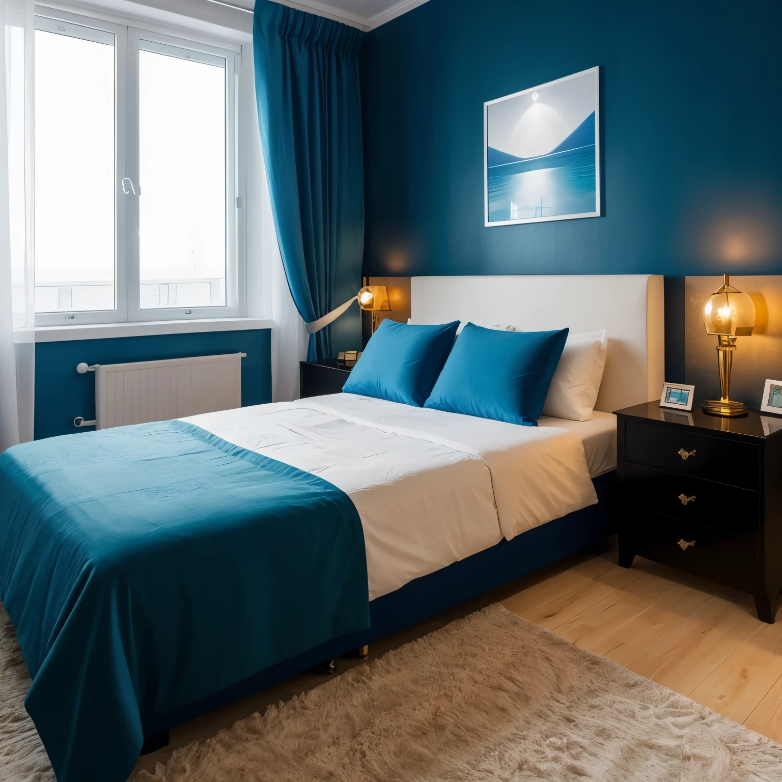 beautiful modern blue, luxurious bedroom with white details
