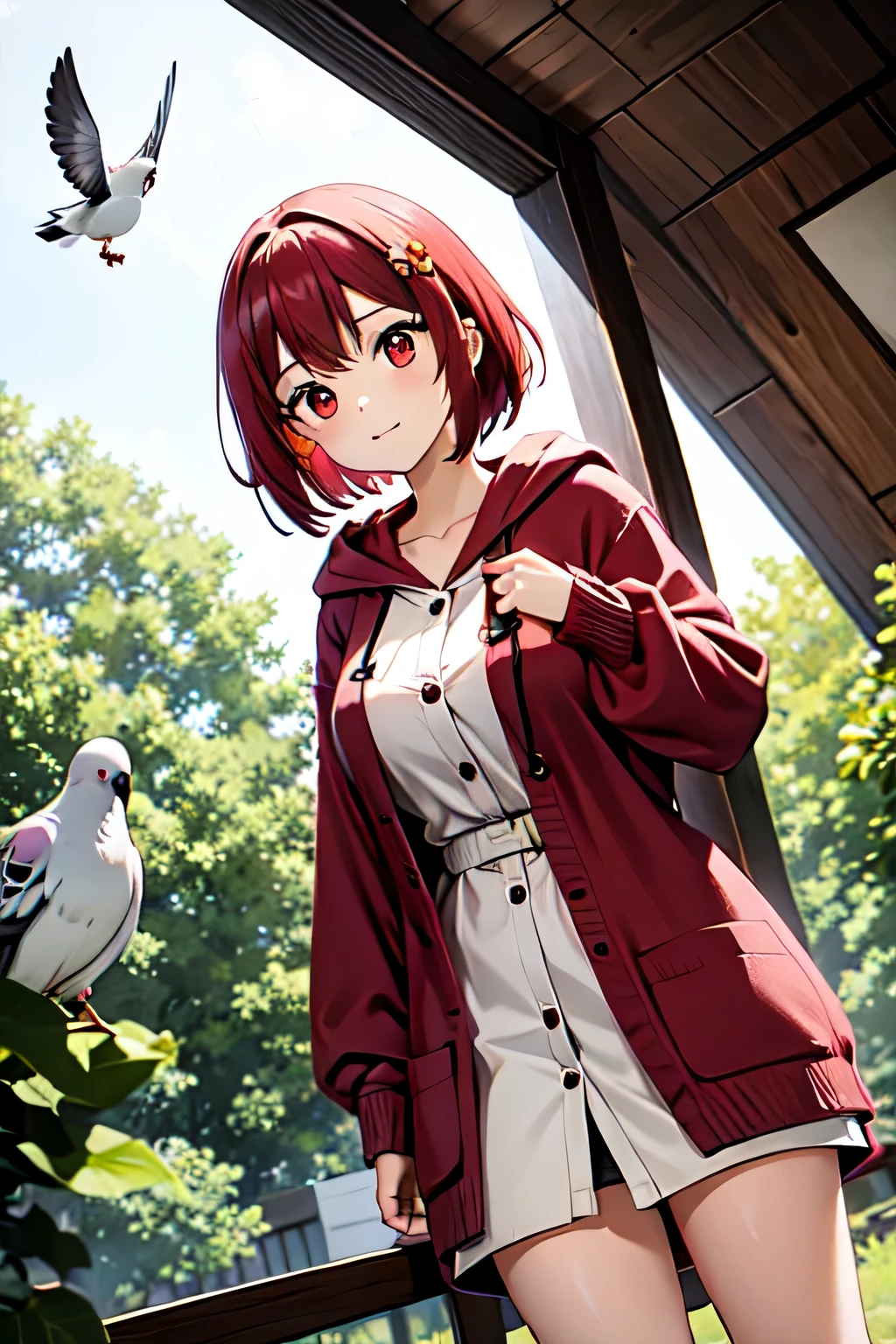 cute,cute,
1 girl, alone,
cranberry hair, pixie cut, bangs, hair ornaments,
red eyes,
point finger,
Close a view, from a pigeon,
strict,
Oversized cardigan with patch pockets and hood,
big breasts,
BREAK simple background