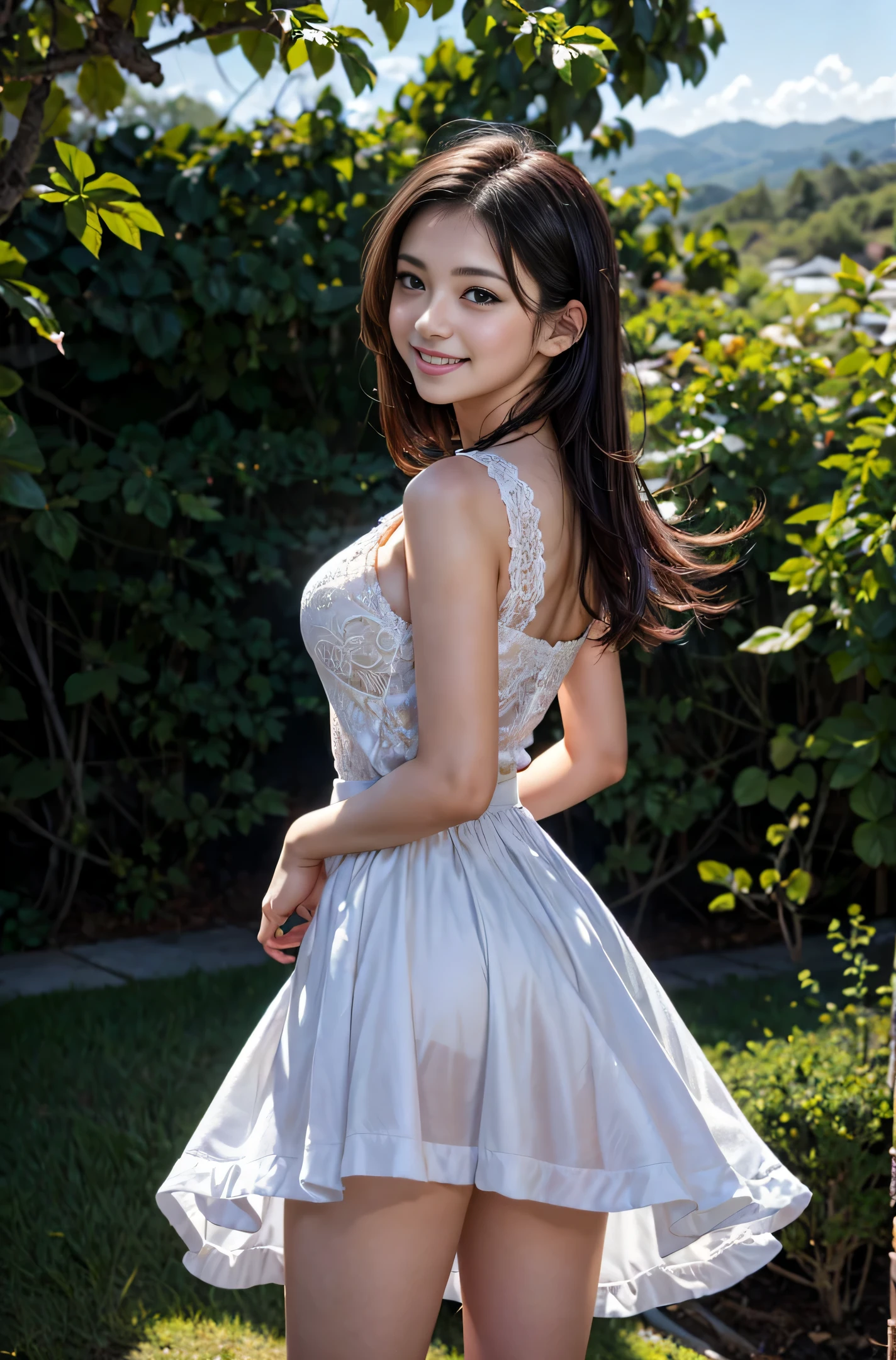 {(Among the lace dresses, The backlight makes the silhouette of your body stand out........)},{{Skirts swell in strong winds,(hold the skirt with one hand)..}},,{outdoor background},{RAW photo},{highest quality}, masterpiece,High resolution,get used to it,(Photoreal:1.4),well-defined contours,{{beautiful young woman,beautiful perfect face}},(smile gently:1.2),{perfect body},{perfect arms},{perfect fingers},{perfect legs},{perfect hair},,{realistic skin texture},{shot above the knee},view from below,