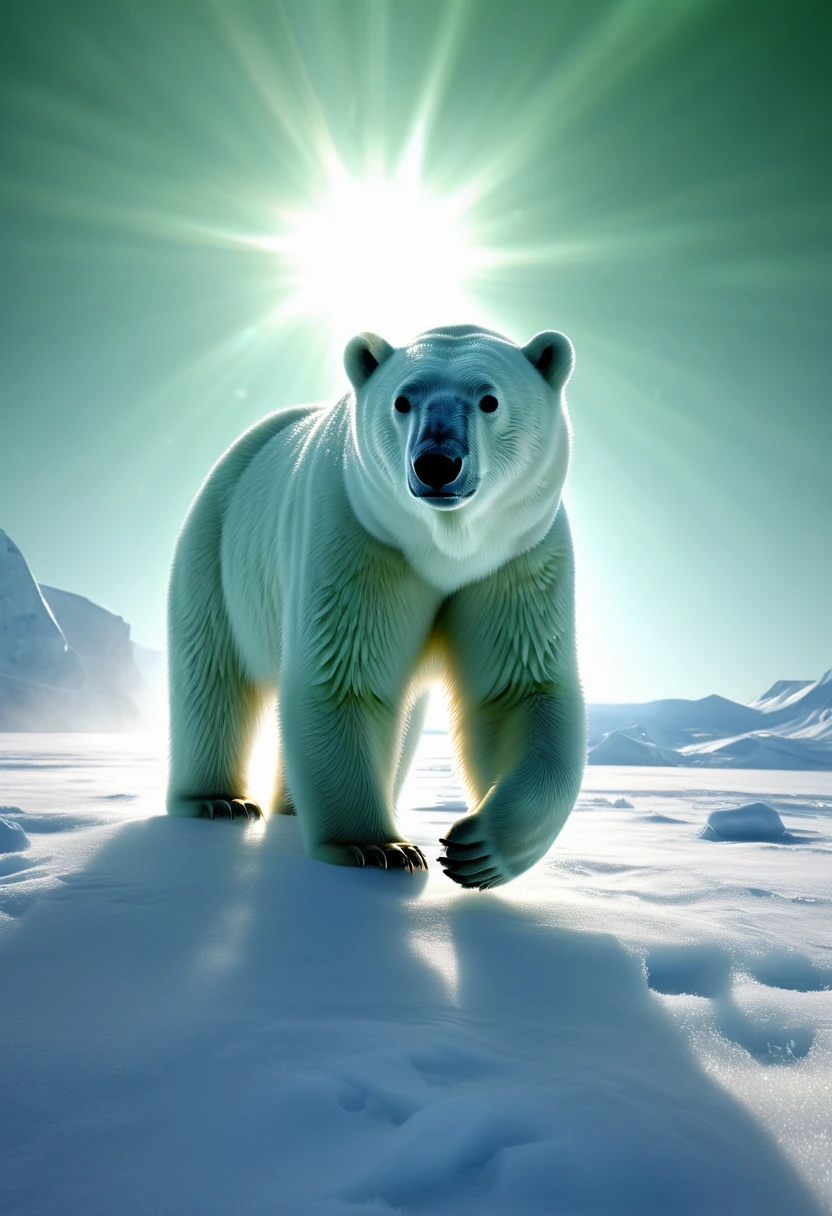 Tyndall effect, Polar bear in arctic snowfield, The sun shines through the thin mist, 8k ultra high definition style, translucent water, HD photography, silver andgreen, low angle, smooth strokes,