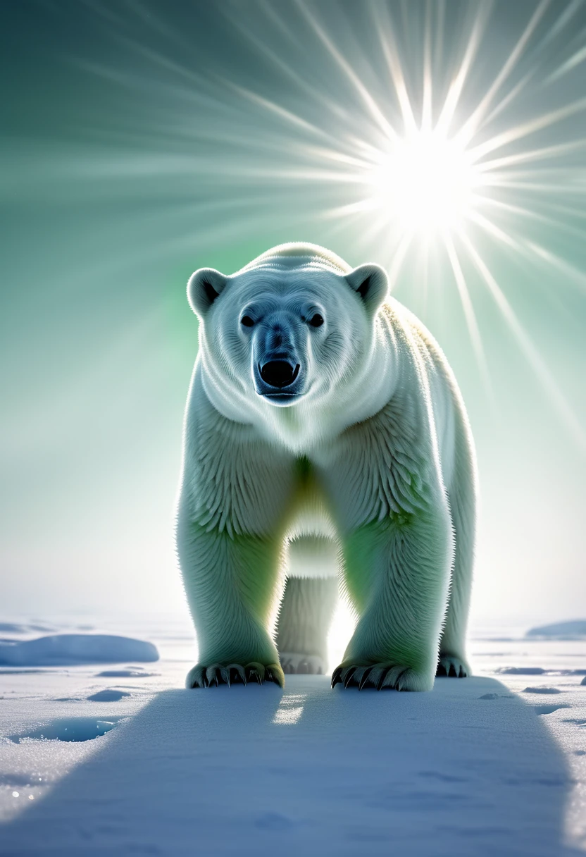Tyndall effect, Polar bear in arctic snowfield, The sun shines through the thin mist, 8k ultra high definition style, translucent water, HD photography, silver andgreen, low angle, smooth strokes,