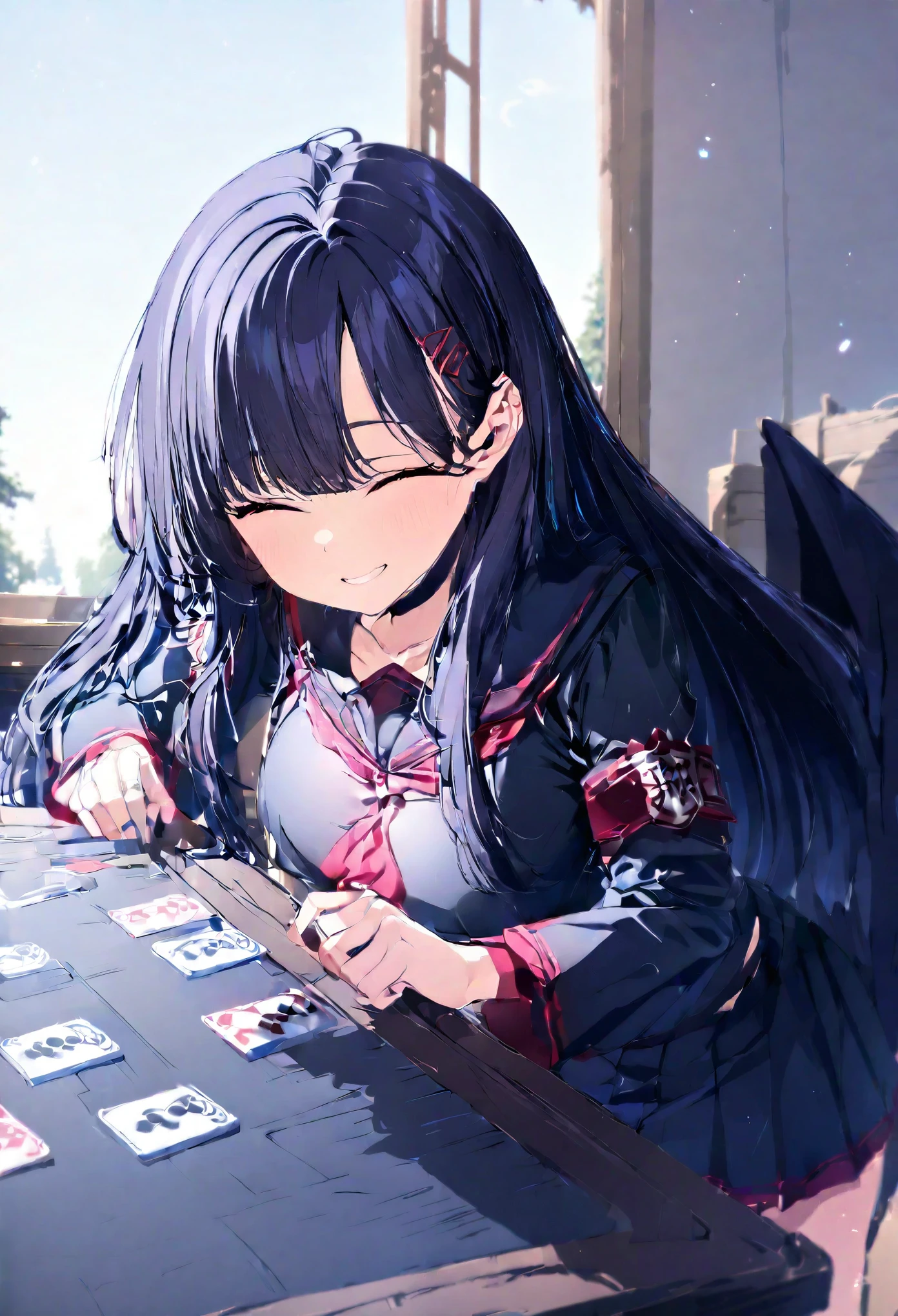 Playing Uno, table, black hair, long hair, closed eyes, happy