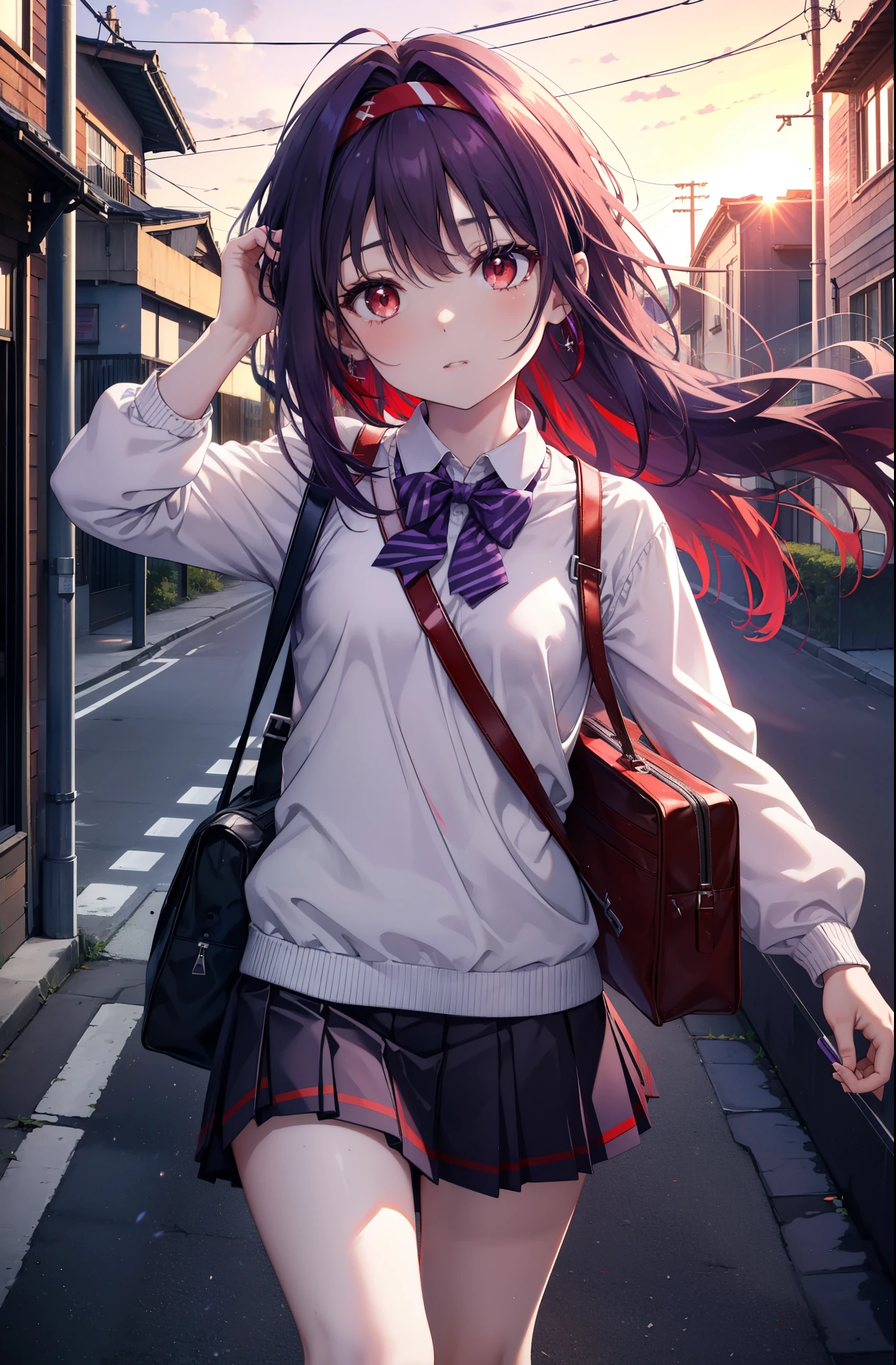 yuukikonno, Yuki Konno, hair band, long hair, pointed ears, purple hair, (red eyes:1.5), (small breasts:1.2), open your mouth,white Y shirt,purple blazer,Purple pleated skirt,black socks,brown loafers,toast in your mouth, running, city street,morning,morning日,sunrise,A girl running with a student bag, 
break looking at viewer, Upper body, whole body,
break outdoors, residential street,
break (masterpiece:1.2), highest quality, High resolution, unity 8k wallpaper, (figure:0.8), (detailed and beautiful eyes:1.6), highly detailed face, perfect lighting, Very detailed CG, (perfect hands, perfect anatomy),