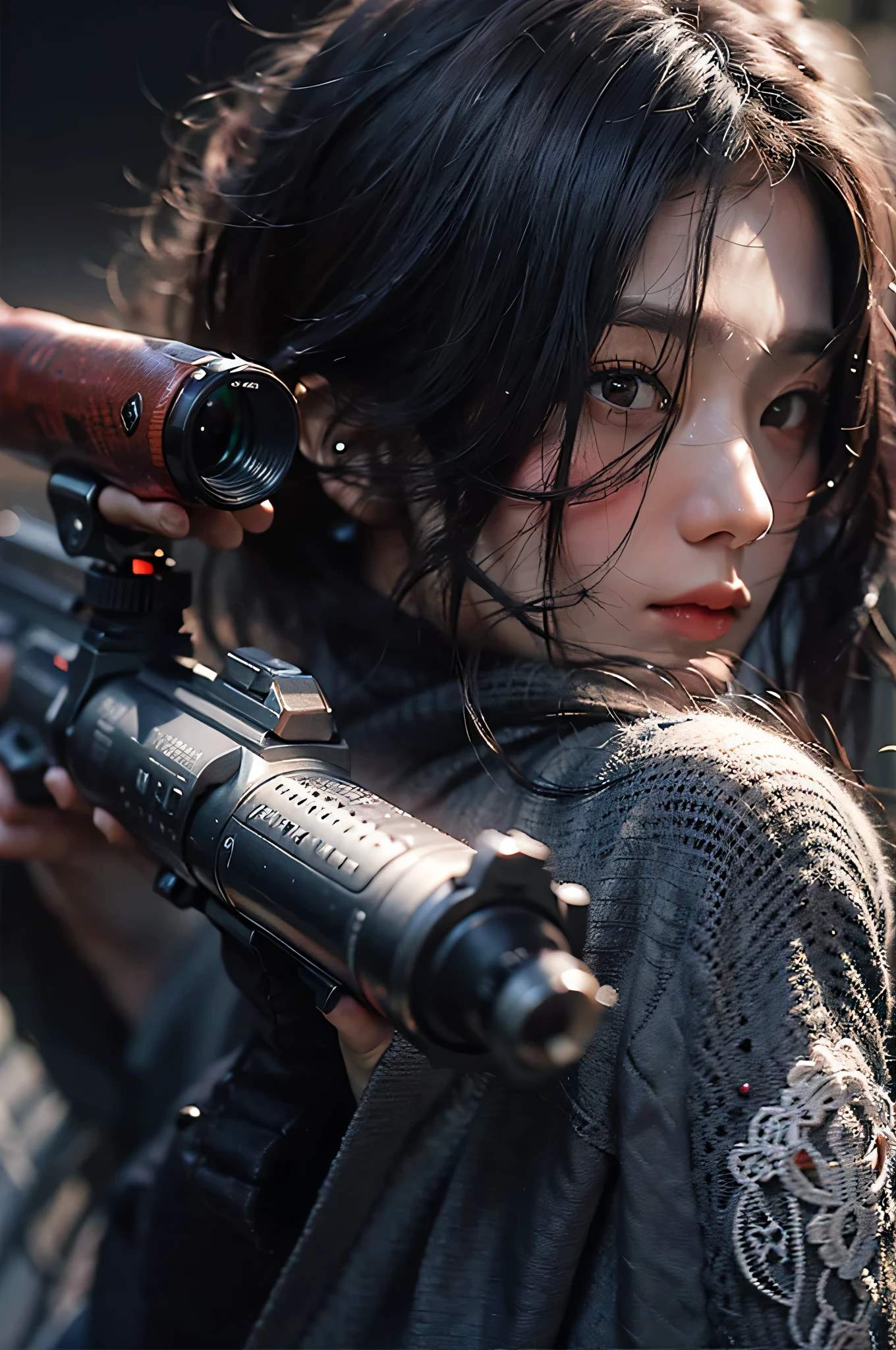 (highest image quality), (masterpiece), (vibrant, photography realistic, Realistic, Dramatic, Dark, Sharp focus, 8K), beautiful, Highly detailed face and skin texture, sexy wedding dress, ethereal beauty, mature asian woman,black long hair, make up, nsfw ,Close up shot, ((backlight)), holding the gun, secret agent, sniper agent