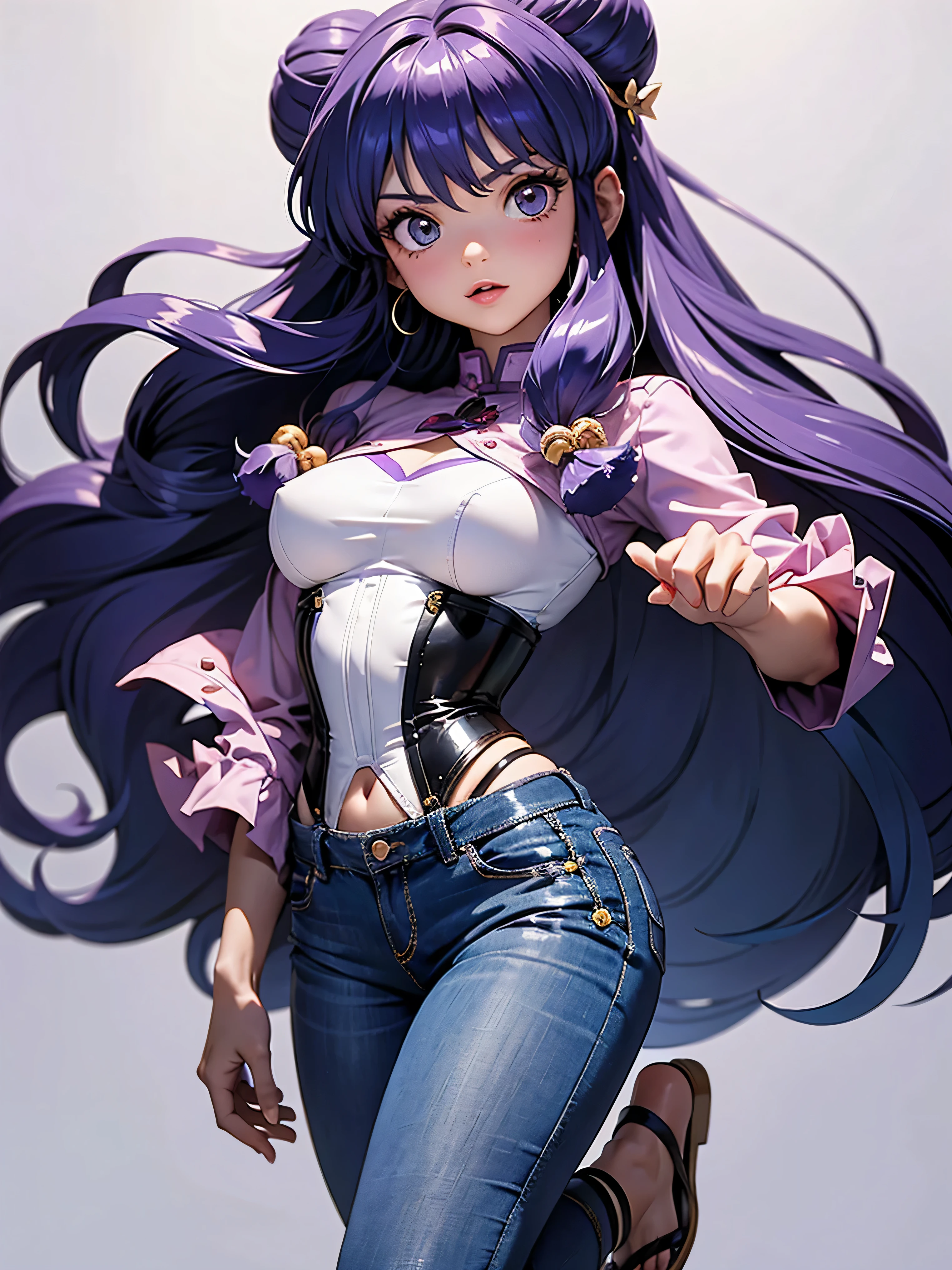 Garota anime cabelo purple com short jeans e corset rosa brilhante, 16 anos, corpo bonito, seios grandes, com as hands on chest, hands on chest, Garota sexy, purple cabelo, mechas de cabelo laterais, mechas de cabelo na lateral do rosto, beautiful lighting, sombras suaves, olhos azuis, pernas bonitas, cabelo longo purple, estilo anime, personagem Shampoo Chan, Autora Rumiko Takahashi, Baseado em obra de Rumiko Takahashi, Anime Ranma 1/ 2, decote sexy, quadril robusto, corpo inteiro, corpo inteiro, busto grande, garota jovem com corpo belo e bonito, sandals on his feet, garota 16 anos jovem, usando short jeans e corset rosa brilhante, garota anime, estilo anime, beautiful feet in sandals, 45° viewing angle, ao ar livre, peito grande, seios bonitos, cabelo purple, sandals on the feet, pernas bonitas, cabelo purple roxo, belos seio, grande , busto grande, PERNAS BONITAS SANDALIA NOS PES