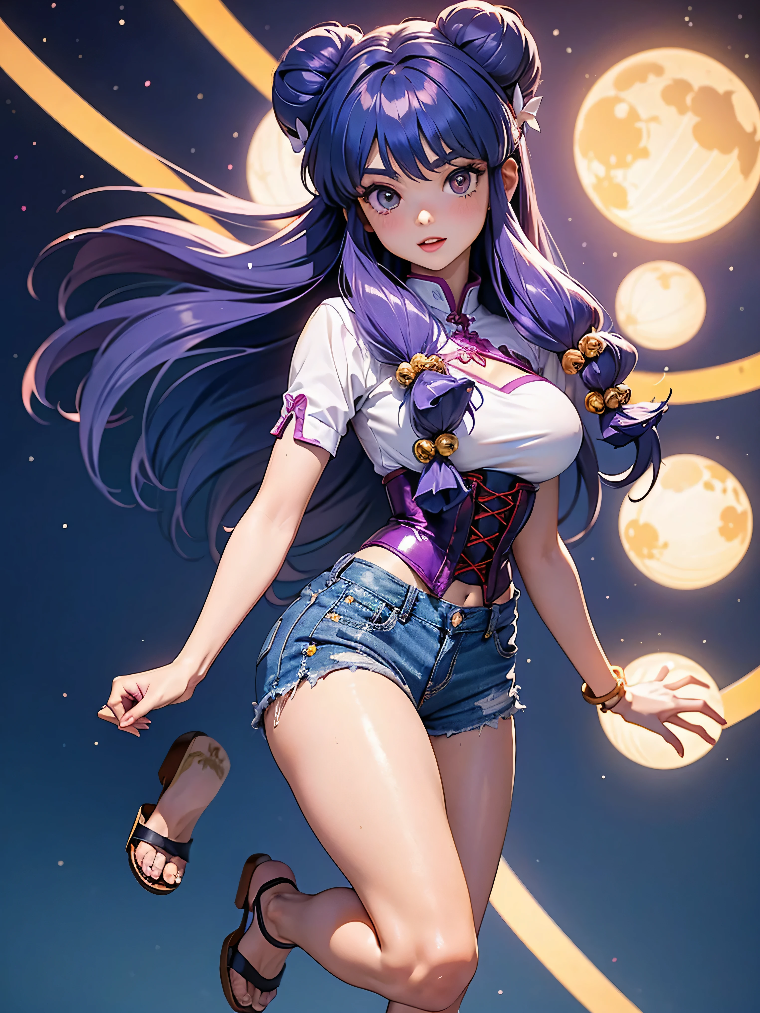 Garota anime cabelo purple com short jeans e corset rosa brilhante, 16 anos, corpo bonito, seios grandes, com as hands on chest, hands on chest, Garota sexy, purple cabelo, mechas de cabelo laterais, mechas de cabelo na lateral do rosto, beautiful lighting, sombras suaves, olhos azuis, pernas bonitas, cabelo longo purple, estilo anime, personagem Shampoo Chan, Autora Rumiko Takahashi, Baseado em obra de Rumiko Takahashi, Anime Ranma 1/ 2, decote sexy, quadril robusto, corpo inteiro, corpo inteiro, busto grande, garota jovem com corpo belo e bonito, sandals on his feet, garota 16 anos jovem, usando short jeans e corset rosa brilhante, garota anime, estilo anime, beautiful feet in sandals, 45° viewing angle, ao ar livre, peito grande, seios bonitos, cabelo purple, sandals on the feet, pernas bonitas, cabelo purple roxo, belos seio, grande , busto grande, PERNAS BONITAS SANDALIA NOS PES