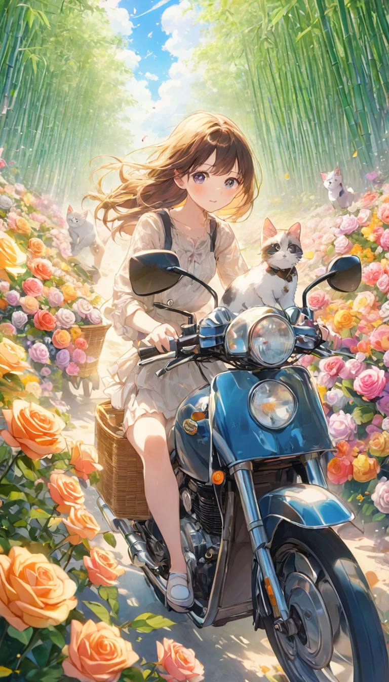 sea of flowers/Sea of flowers/sea of flowers.The wind blows the rose field.spring field scenery.Close-up of beautiful girl riding motorcycle with cat.There are flowers and kittens in the bamboo basket in front of the car.The background is a large colorful Sea of flowers.light tone.light gold color、high resolution细节、Bright and fresh colors.(best quality,4k,8k,high resolution,masterpiece:1.2),super detailed,There are clear roses in the foreground.Wide-angle lens, ultra high definition, anatomically correct, Super details, best quality