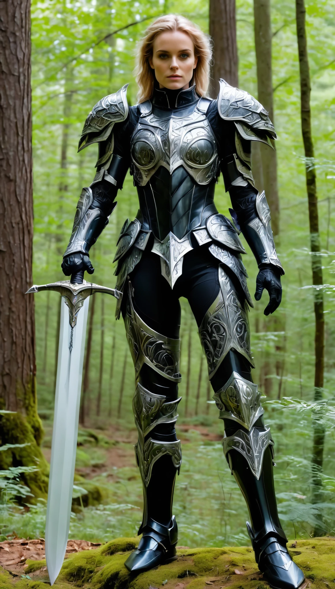 a woman, perfect eyes, (ultra realistic:1.5), (standing in forest:1.2), (full shot photo:1.5), (black paladin armor:1.2), (intricate:1.2), (dynamic pose:1.2), (looking at camera:1.2), (best quality:1.2), no makeup, large sword driven vertically with the blade into the ground, hand resting on the handle head,
