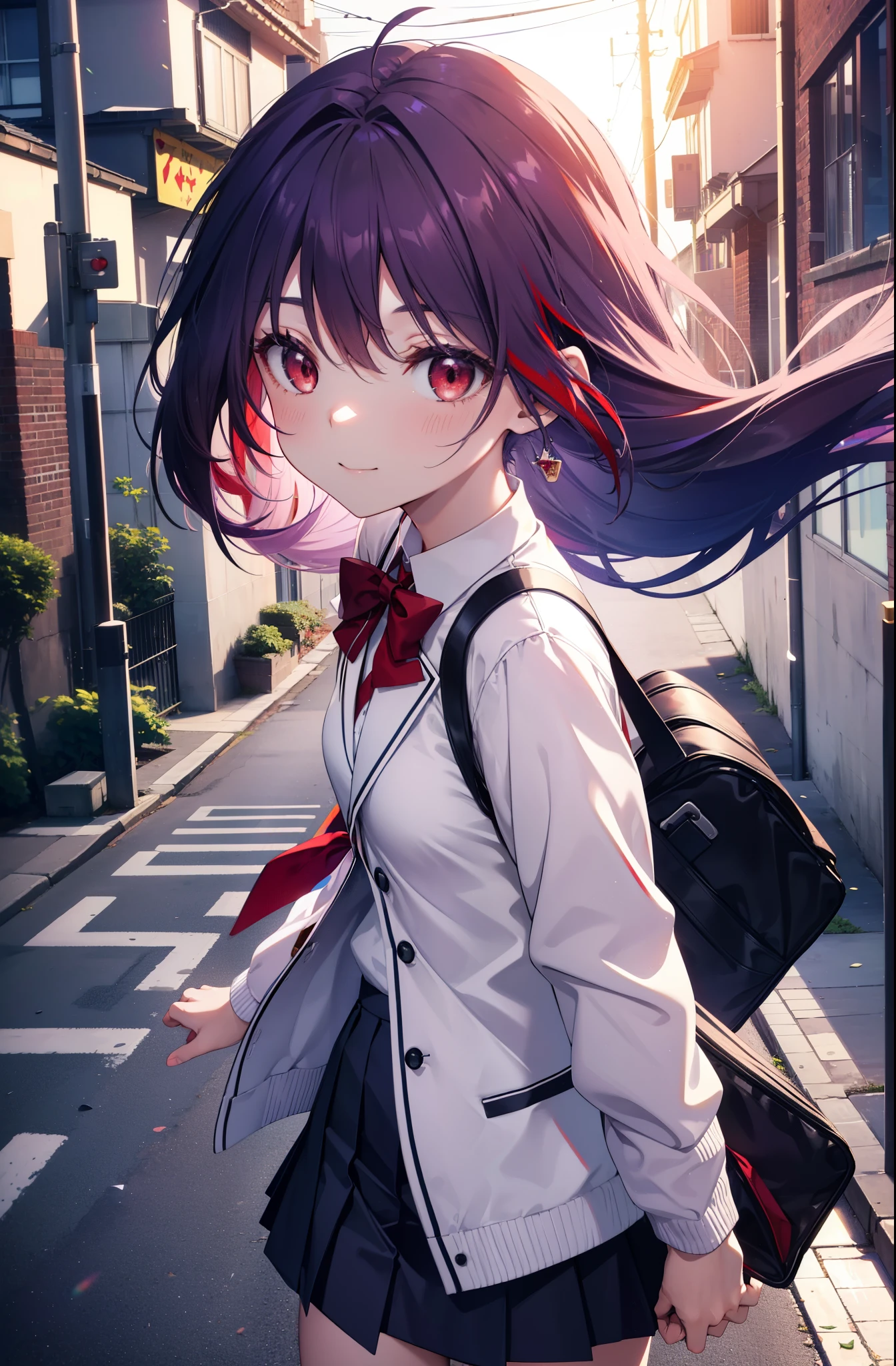 yuukikonno, Yuki Konno, hair band, long hair, pointed ears, purple hair, (red eyes:1.5), (small breasts:1.2), smile、white Y shirt,purple blazer,Purple pleated skirt,black socks,brown loafers,toast in your mouth, running, city street,morning,morning日,sunrise,A girl running with a student bag, 
break looking at viewer, Upper body, whole body,
break outdoors, residential street,
break (masterpiece:1.2), highest quality, High resolution, unity 8k wallpaper, (figure:0.8), (detailed and beautiful eyes:1.6), highly detailed face, perfect lighting, Very detailed CG, (perfect hands, perfect anatomy),