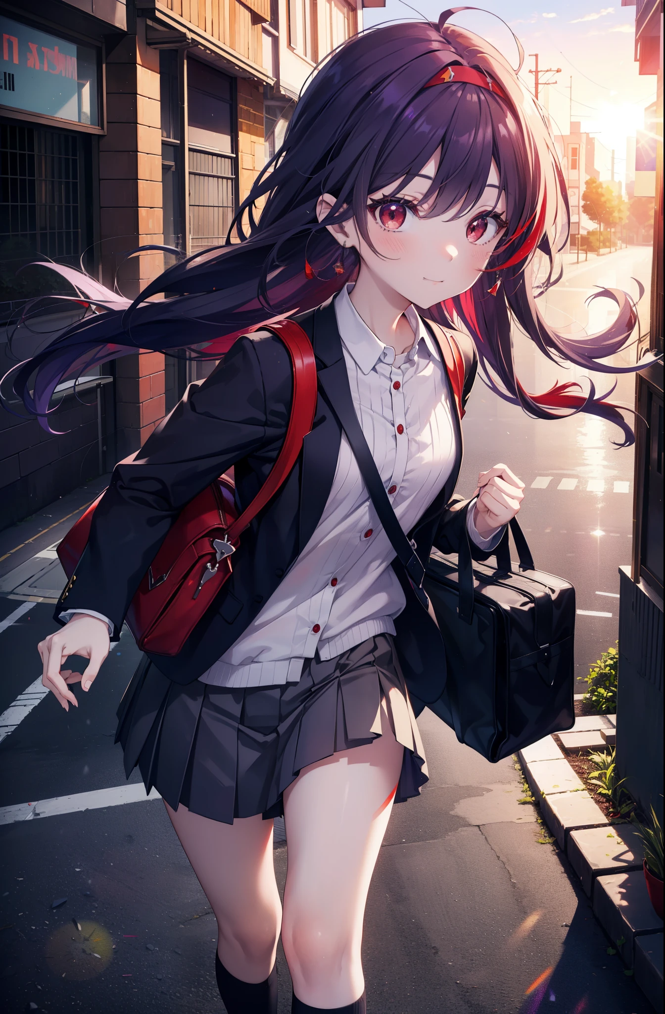 yuukikonno, Yuki Konno, hair band, long hair, pointed ears, purple hair, (red eyes:1.5), (small breasts:1.2), smile、white Y shirt,purple blazer,Purple pleated skirt,black socks,brown loafers,toast in your mouth, running, city street,morning,morning日,sunrise,A girl running with a student bag, 
break looking at viewer, Upper body, whole body,
break outdoors, residential street,
break (masterpiece:1.2), highest quality, High resolution, unity 8k wallpaper, (figure:0.8), (detailed and beautiful eyes:1.6), highly detailed face, perfect lighting, Very detailed CG, (perfect hands, perfect anatomy),