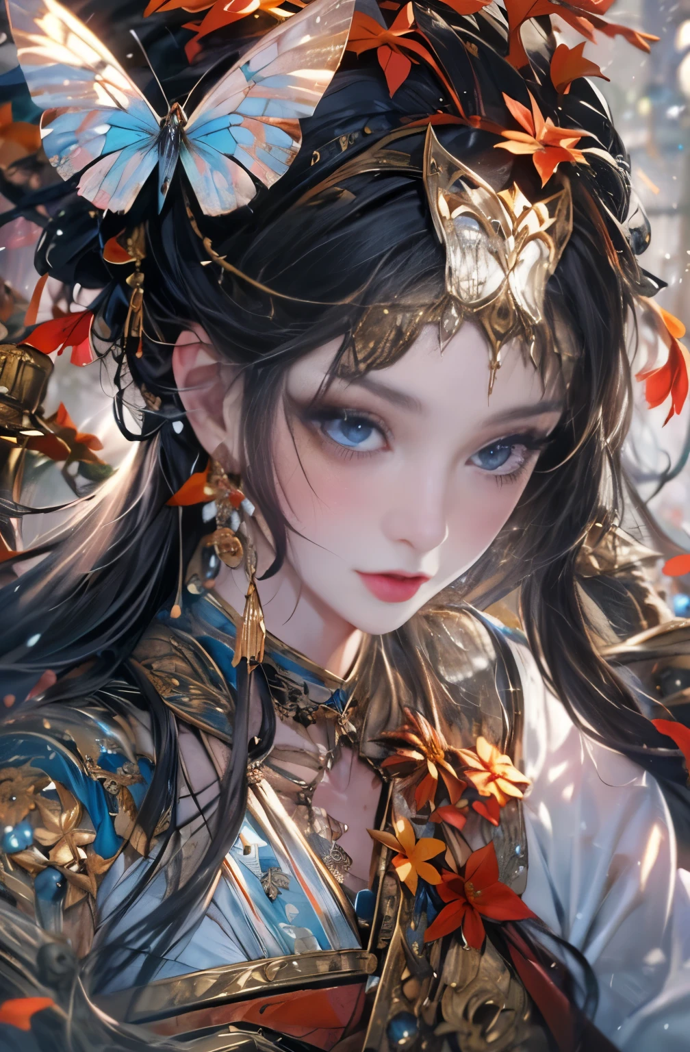beautiful demon woman, flowers falling in the wind, Hana no Ran, Togenkyo, demon queen, empress of fear, queen of hell, Six Paths of Reincarnation, beautiful black haired demon, have a demon mask, Appearance of about 27 years old, Beauty of the Leaning Country, Dream of a butterfly, Sharp beauty, Bewitching, Platycodon, cosmos, gentian, autumn leaves, Autumn Breeze Somo, Wind and frost are noble things, Beautiful red kimono, Oiran, highest ranking woman, Hundred flowers in abundance, The Flower of Carnage, flower demon, Female Yakuza, demon living in the outhouse, queen of the red light district, ruler of the red light district, Works that influenced Chen Yifei, Works that influenced Francesco Hayes, Inspired by Hendrik Terbruggen, Jean=Works that influenced Auguste Dominique Ingres, Works that influenced Liu Jun, Jean=Works that influenced Auguste Dominique Ingres, highest quality, perfect angle, perfect composition, best shot, official art, cinematic light, figurative art, Beautiful and expressive paintings, Beautiful artwork illustration, wonderful, cool beauty, clear, Muromachi Fantasy, mysterious, Mysterious, highest quality, official art, very delicate beautiful painting art, 複雑で緻密な細部のディテール perfect composition, perfect angle, best shot, women only, sharp outline, pretty much beautiful face, detailed and beautiful eyes, beautiful and delicate eyes, demon of kyoto, Lord of Chimi-Mourou, Hundreds of Ghosts at Night, demon queen, Shura Road, Female Yakuza, full body tattoo, spirit, Acharya, Rashomon, Gion Seisha, Snow moon wind flower, The action is permanent, under the meteor light, flying flowers and fallen leaves, Dream Bubble, Close-up