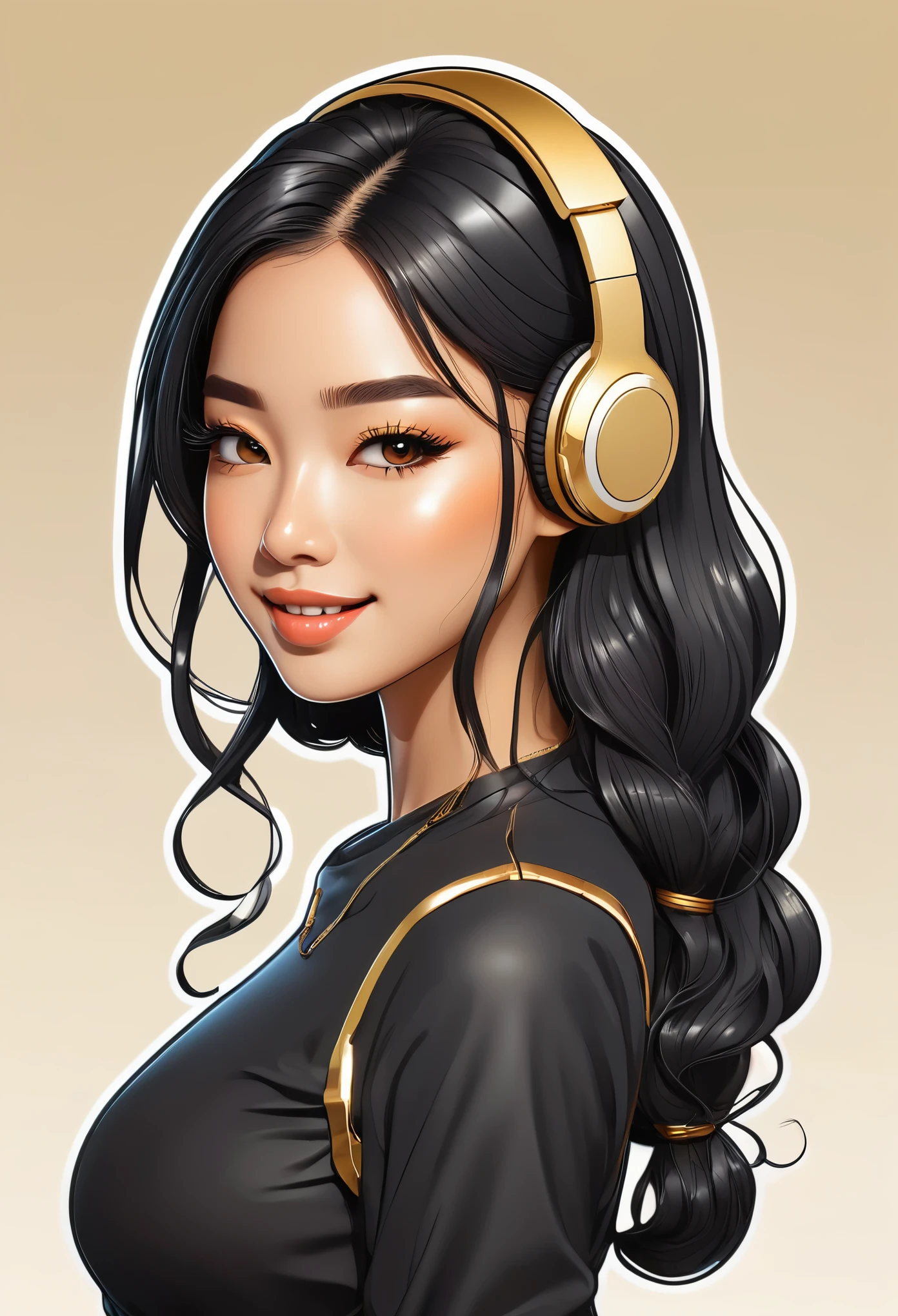 (a sticker,),(3D anime filipina girl), no air pods, (In circlerown background), (cyberpunk border)， ultra - detailed, Detailed diagram, vectorized, 8K, Professional sticker design, Graphic design, vector lines, a sticker, Full-HD, luxury office, long wavy black hair with gold streaks, smiling kindly, ultra detailed, light cream background, light gold and dark grey color scheme 