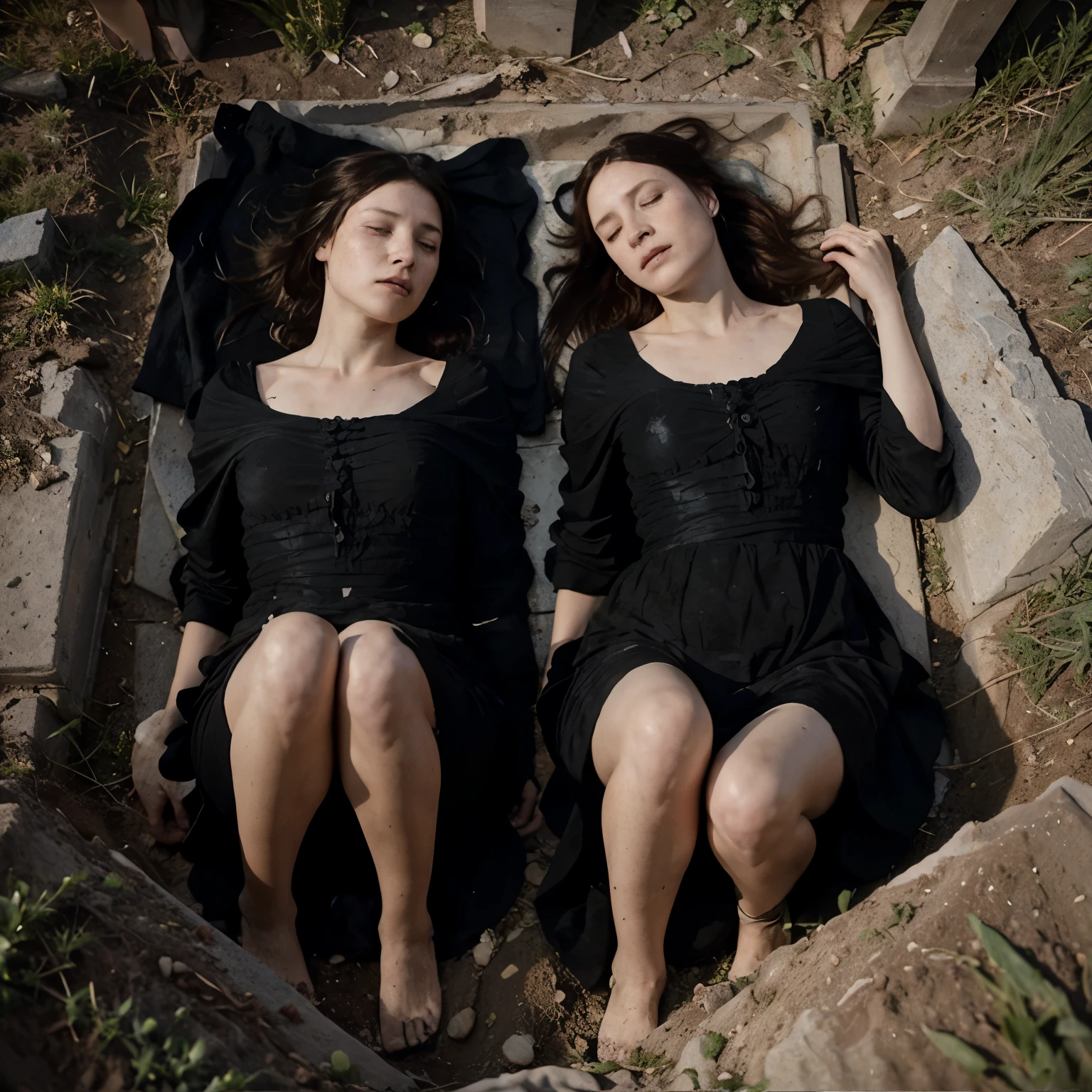 ((Jeremy Lipking style)) ((Nicola Samori style)) two women buried in the ground, two very ugly sad women, ((long black dress)), front, sky, field)), hair up, (oil on linen ), (photo from nikon d800, 50mm
lens), focus, ((two women with their legs buried in the ground))