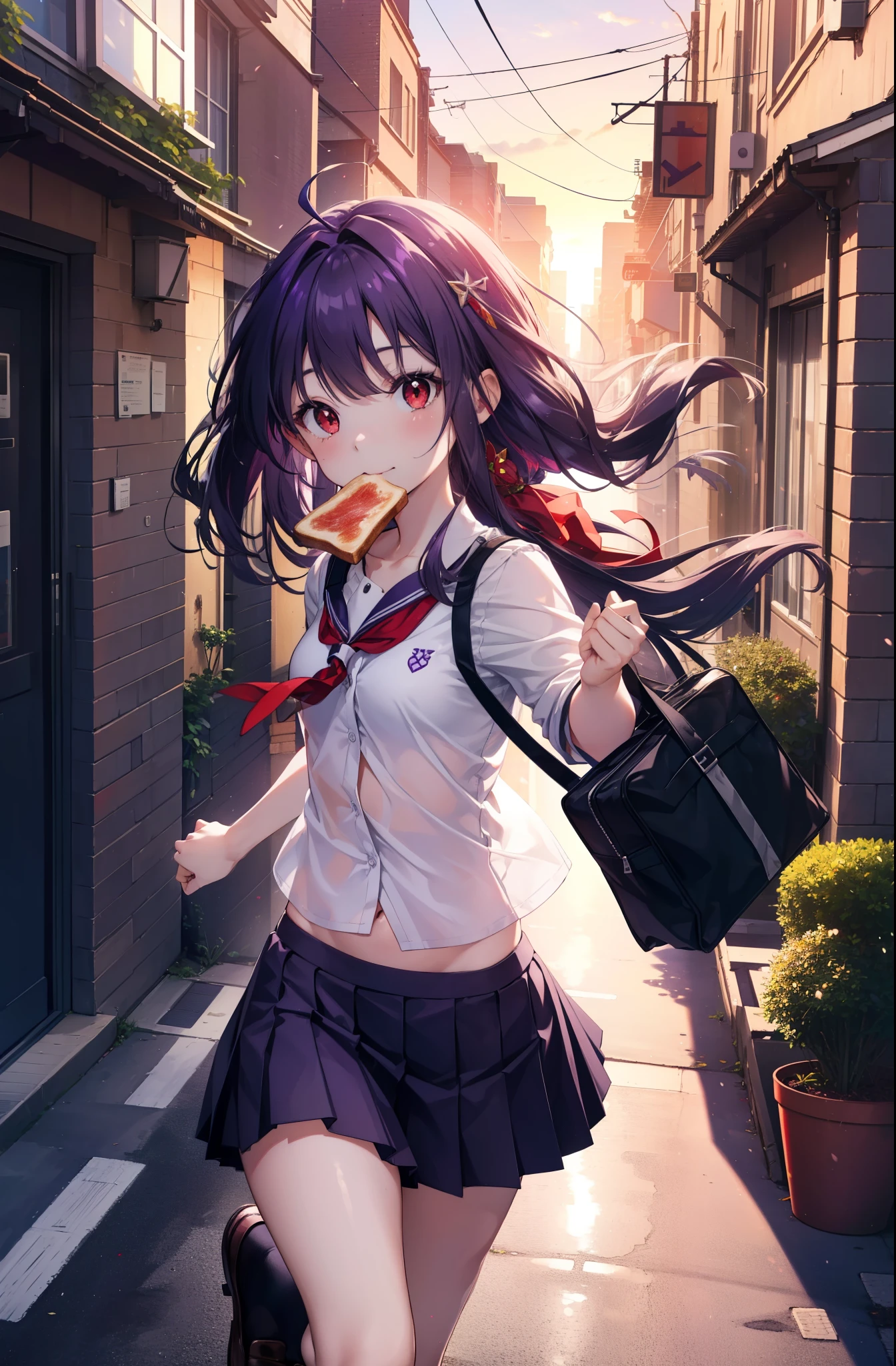 yuukikonno, Yuki Konno, hair band, long hair, pointed ears, purple hair, (red eyes:1.5), (small breasts:1.2), smile、white Y shirt,purple blazer,Purple pleated skirt,black socks,brown loafers,toast in your mouth, running, city street,morning,morning日,sunrise,A girl running with a student bag,
break looking at viewer, Upper body, whole body,
break outdoors, residential street,
break (masterpiece:1.2), highest quality, High resolution, unity 8k wallpaper, (figure:0.8), (detailed and beautiful eyes:1.6), highly detailed face, perfect lighting, Very detailed CG, (perfect hands, perfect anatomy),