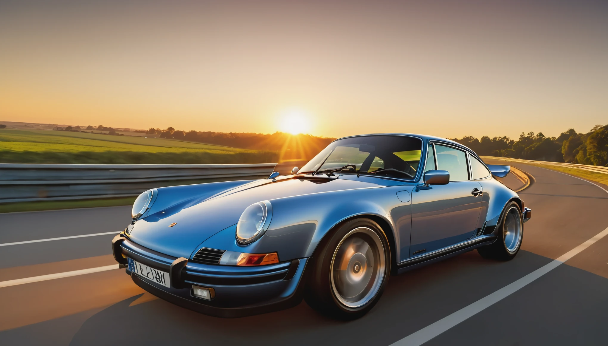 Porsche 911 driving into sunset, photo taken from rear left angle, ultra photorealism, sharp details, wide angle photography, 16k UHD, realistic proportions, fprza horizon 5